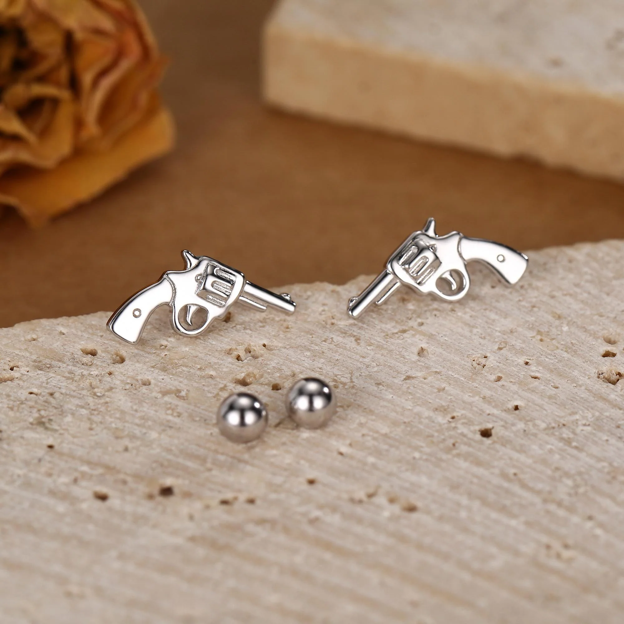 Sterling Silver Revolver Gun 18G Screw Back Stud Earrings - Image 4