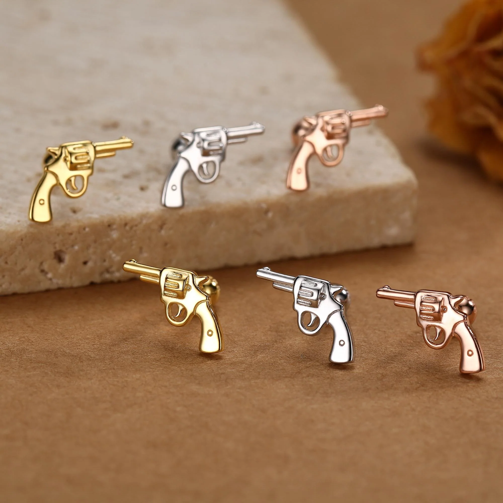 Sterling Silver Revolver Gun 18G Screw Back Stud Earrings - Image 5