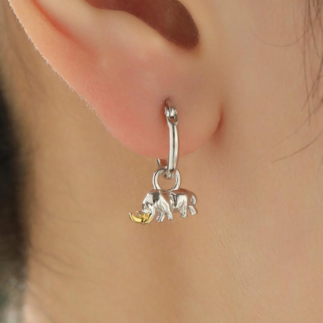 Sterling Silver Rhino Dangle Huggie Hoops, Detachable Rhinoceros Hoop Earrings, Dainty Dangle Earrings, Rhino Earrings