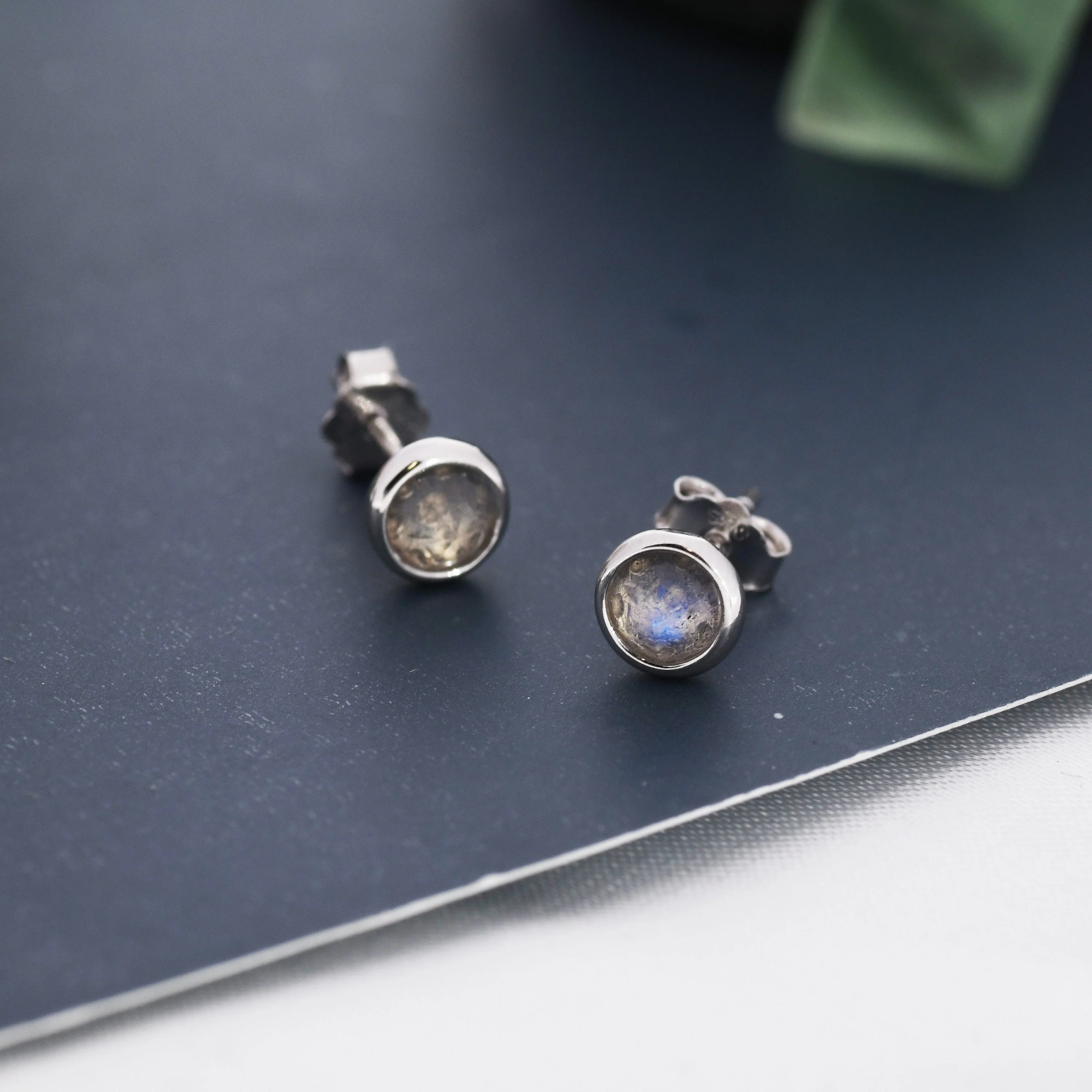Sterling Silver Rose Cut Labradorite Stud Earrings, 3mm or 4mm, Genuine Labradorite Gemstone Stud, Bezel, Minimalist Style - Image 2