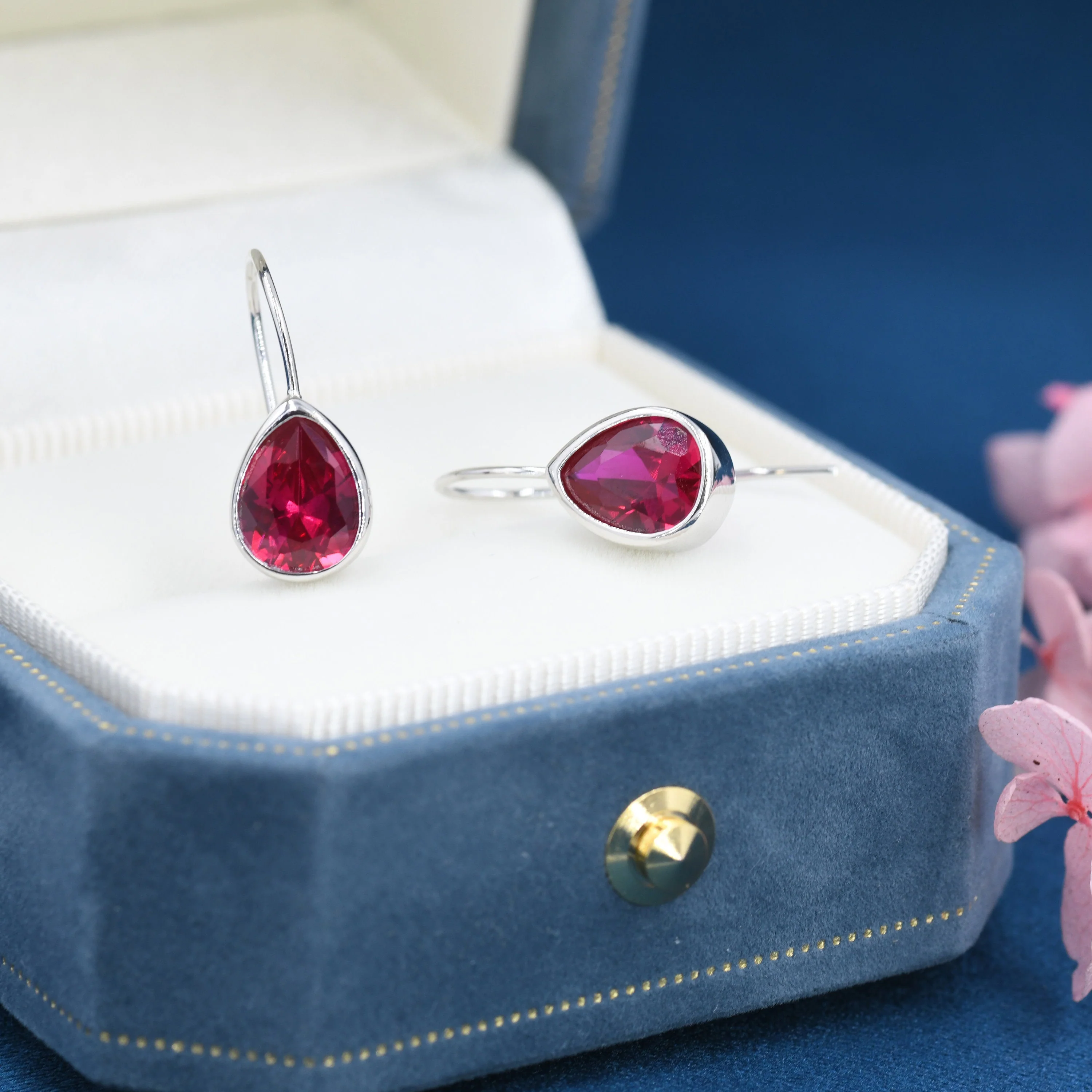 Sterling Silver Ruby Red Red Droplet Drop Earrings in Sterling Silver, Silver or Gold, Chunky Pear Shape Hook Earrings - Image 5