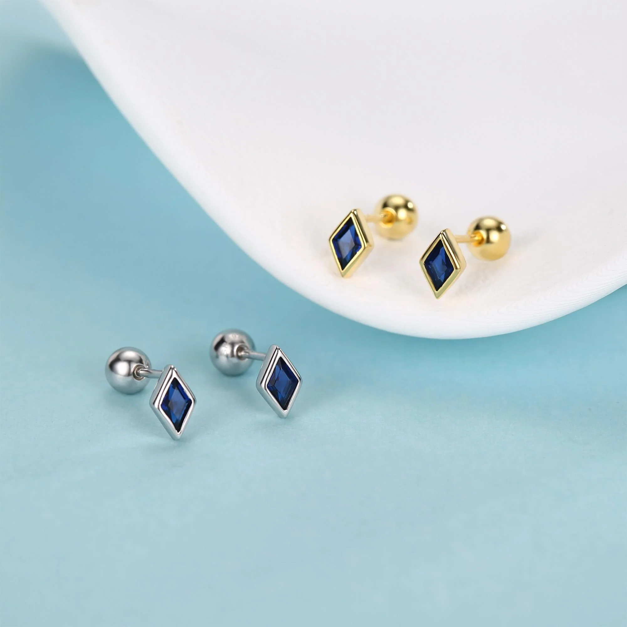 Sterling Silver Sapphire Blue CZ 18G Screw Back Rhombus Stud Earrings with Ball Backs - Image 2