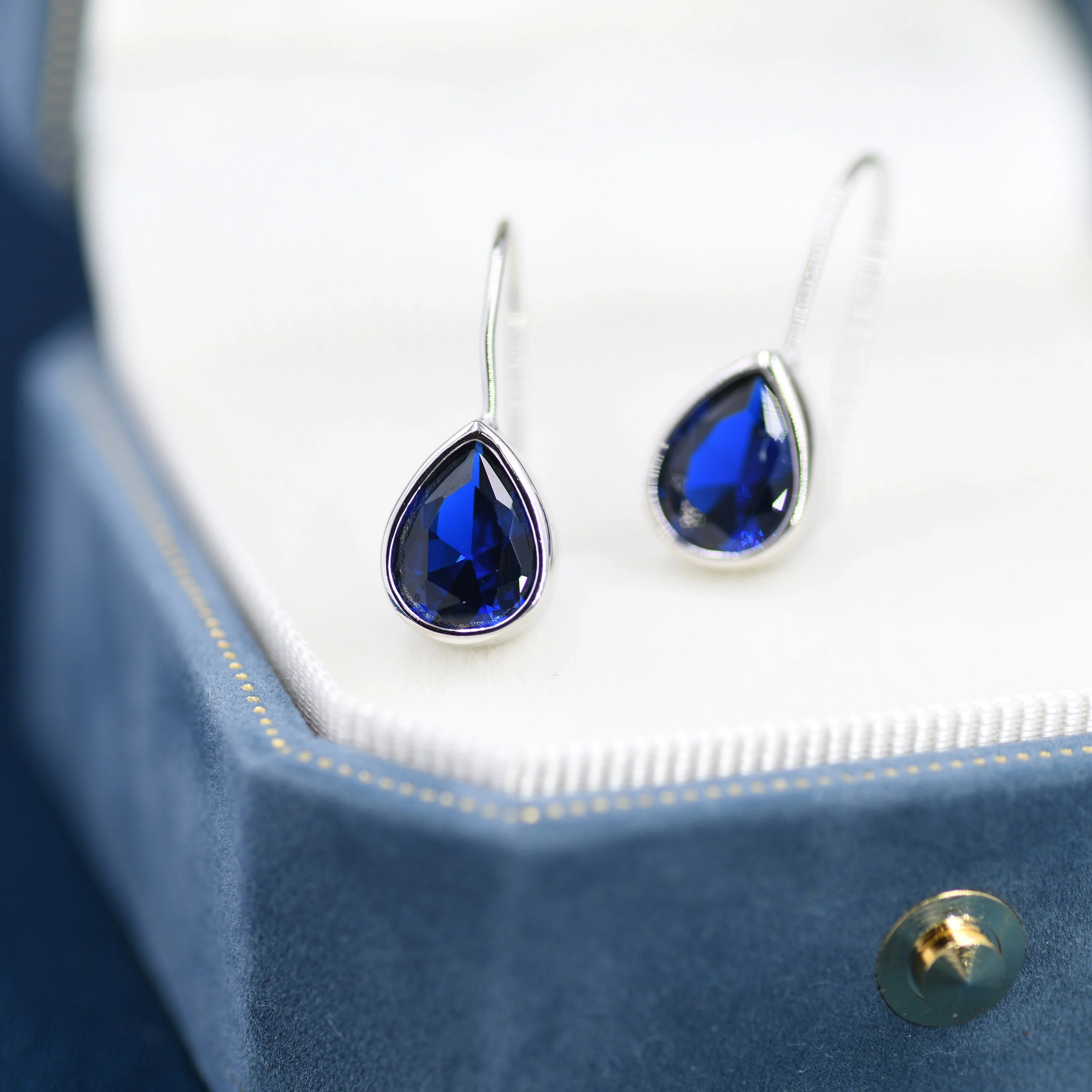 Sterling Silver Sapphire Blue CZ Droplet Drop Earrings in Sterling Silver, Chunky Pear Shape Hook Earrings - Image 2