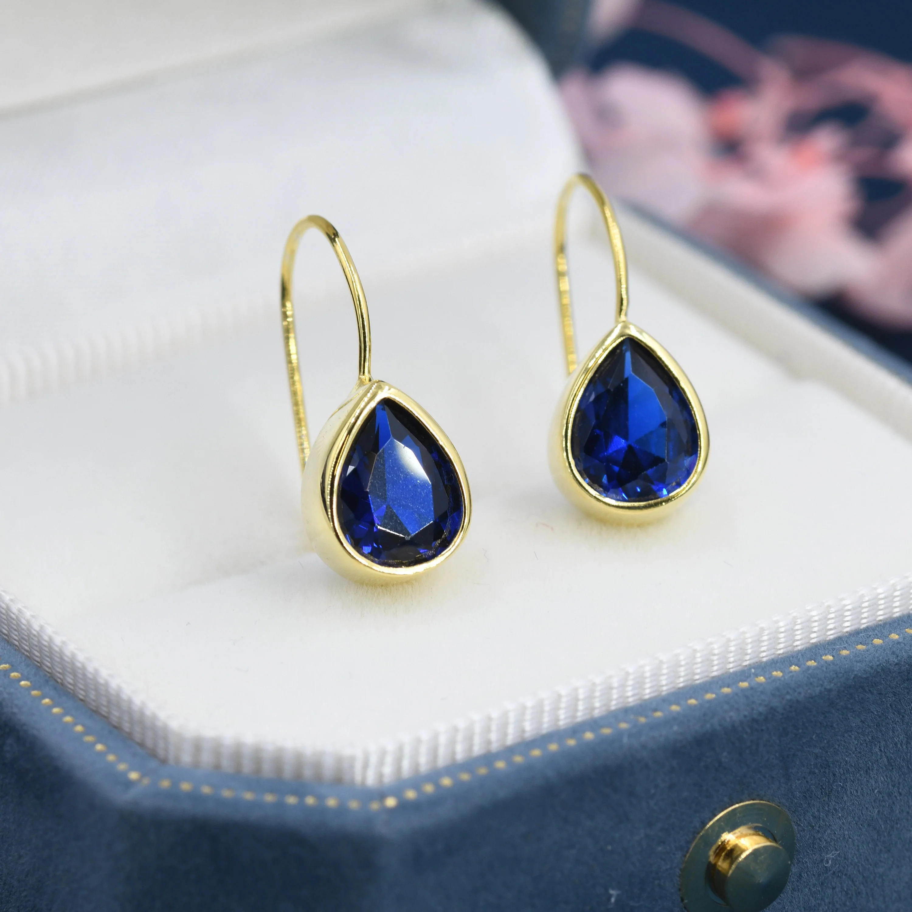 Sterling Silver Sapphire Blue CZ Droplet Drop Earrings in Sterling Silver, Chunky Pear Shape Hook Earrings - Image 5