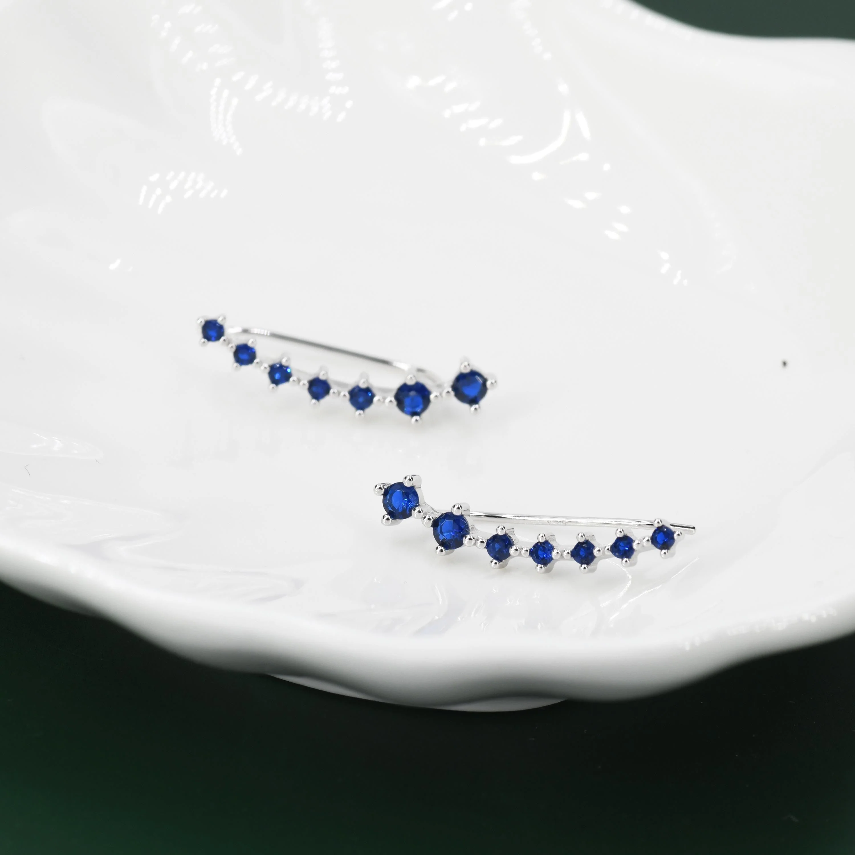 Sterling Silver Sapphire Blue CZ Ear Crawler Earrings, Silver Blue Climber Earrings, CZ Ear Climbers - Image 5