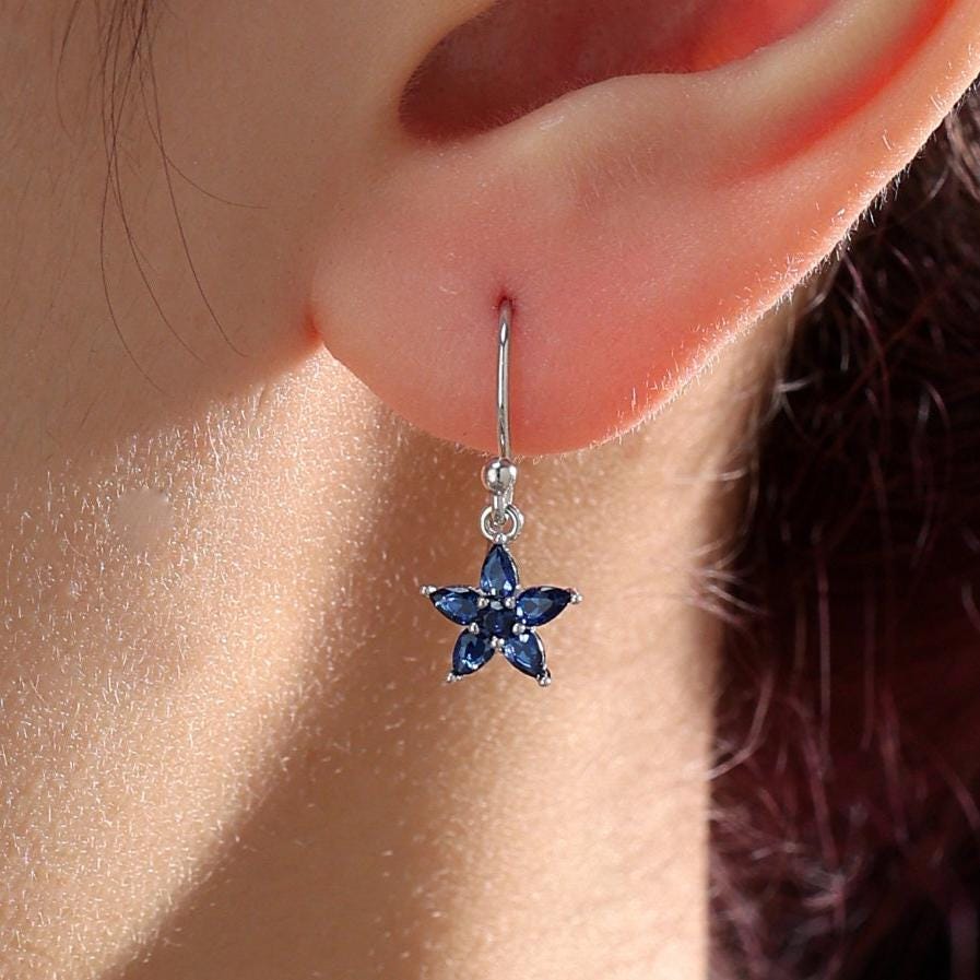 Sterling Silver Sapphire Blue CZ Flower Drop Dangle Earrings, Dainty Dangle Forget Me Not Flower Drop Earrings, Silver CZ Hook Earrings - Image 2