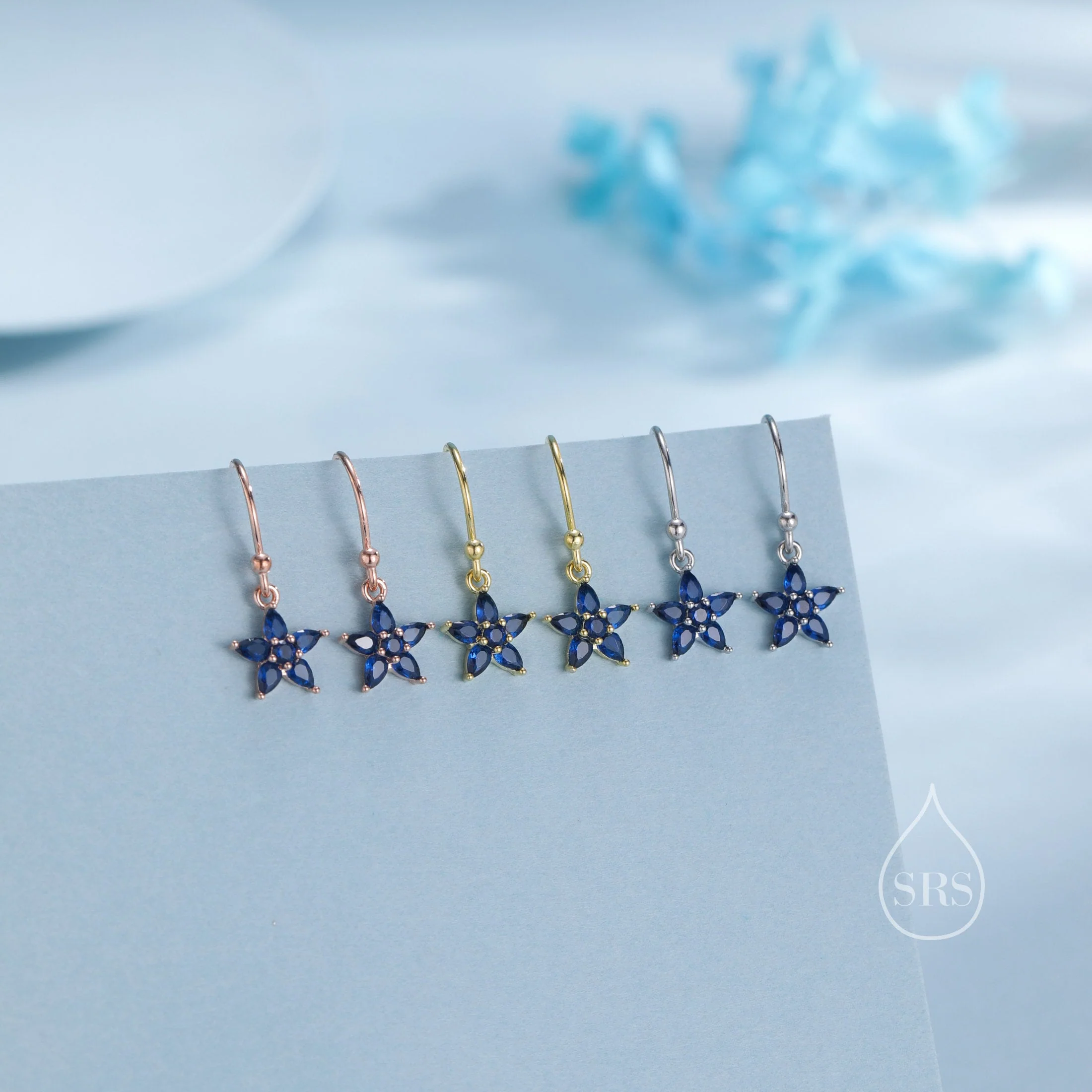 Sterling Silver Sapphire Blue CZ Flower Drop Dangle Earrings, Dainty Dangle Forget Me Not Flower Drop Earrings, Silver CZ Hook Earrings - Image 5
