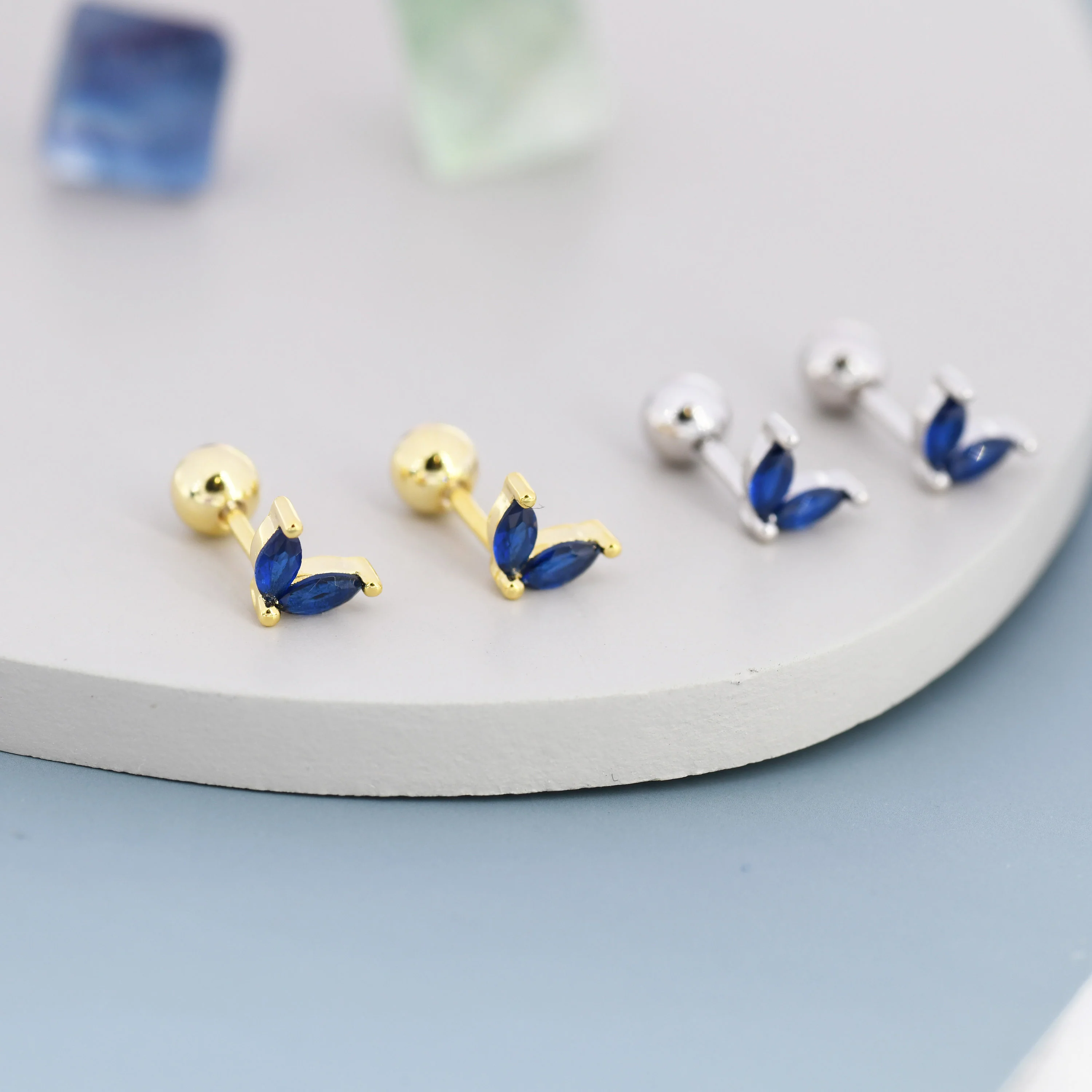 Sterling Silver Sapphire Blue CZ Marquise Leaf Duo Barbell Earrings,  Gold or Silver, Marquise Fan Screw back Earrings, Screwback Earrings - Image 2