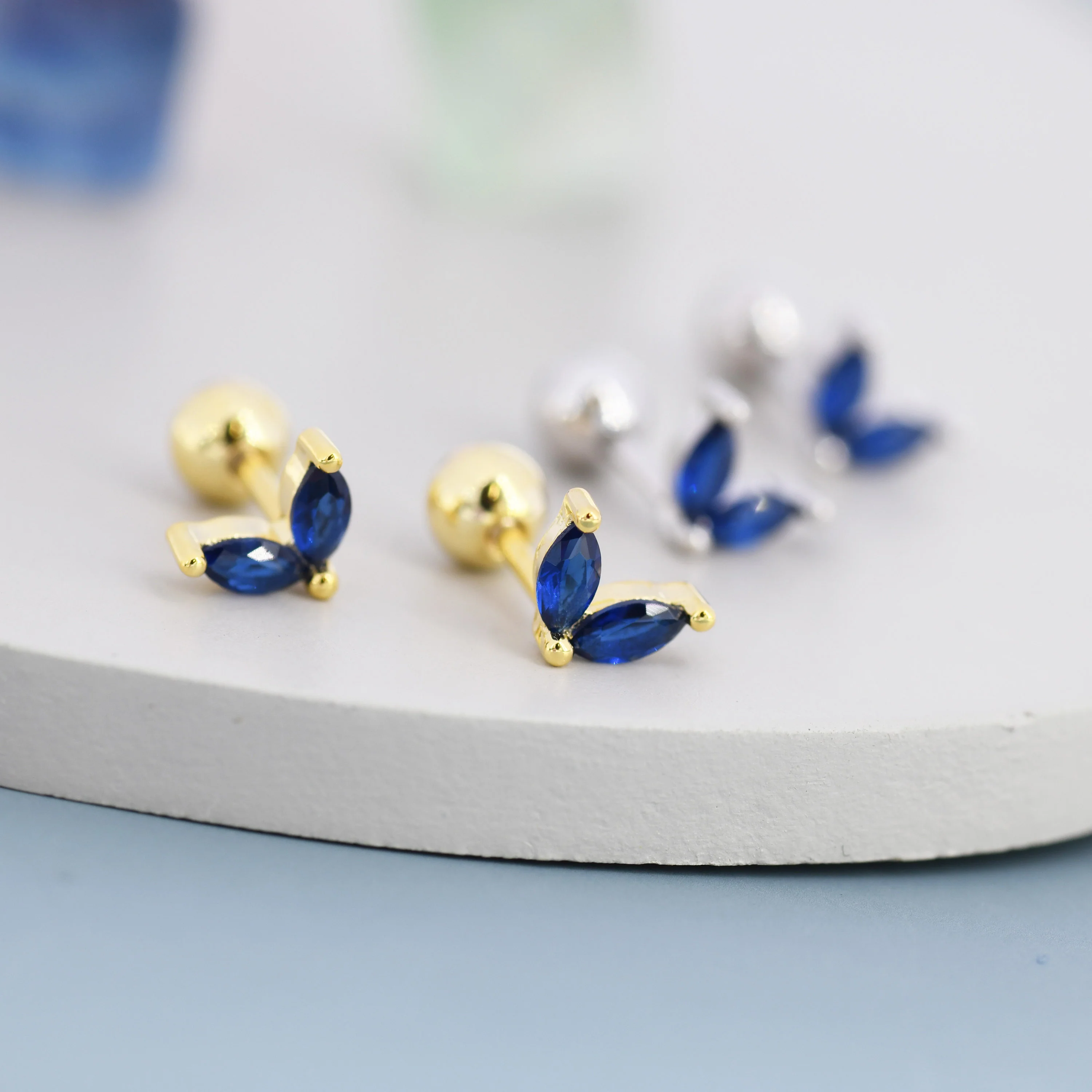Sterling Silver Sapphire Blue CZ Marquise Leaf Duo Barbell Earrings,  Gold or Silver, Marquise Fan Screw back Earrings, Screwback Earrings - Image 3