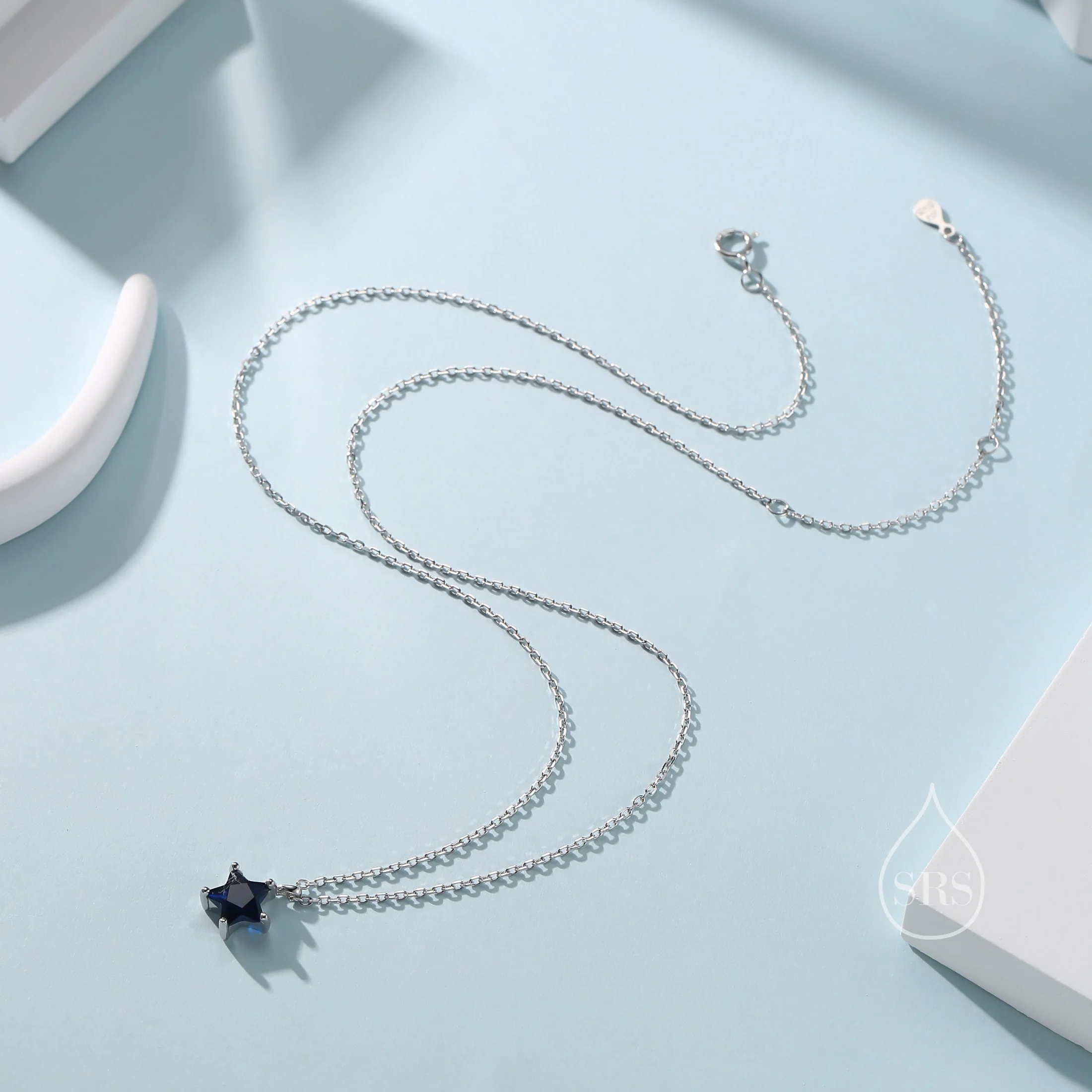 Sterling Silver Sapphire Blue CZ Star Pendant Necklace, Silver or Gold, Blue Star Necklace - Image 2