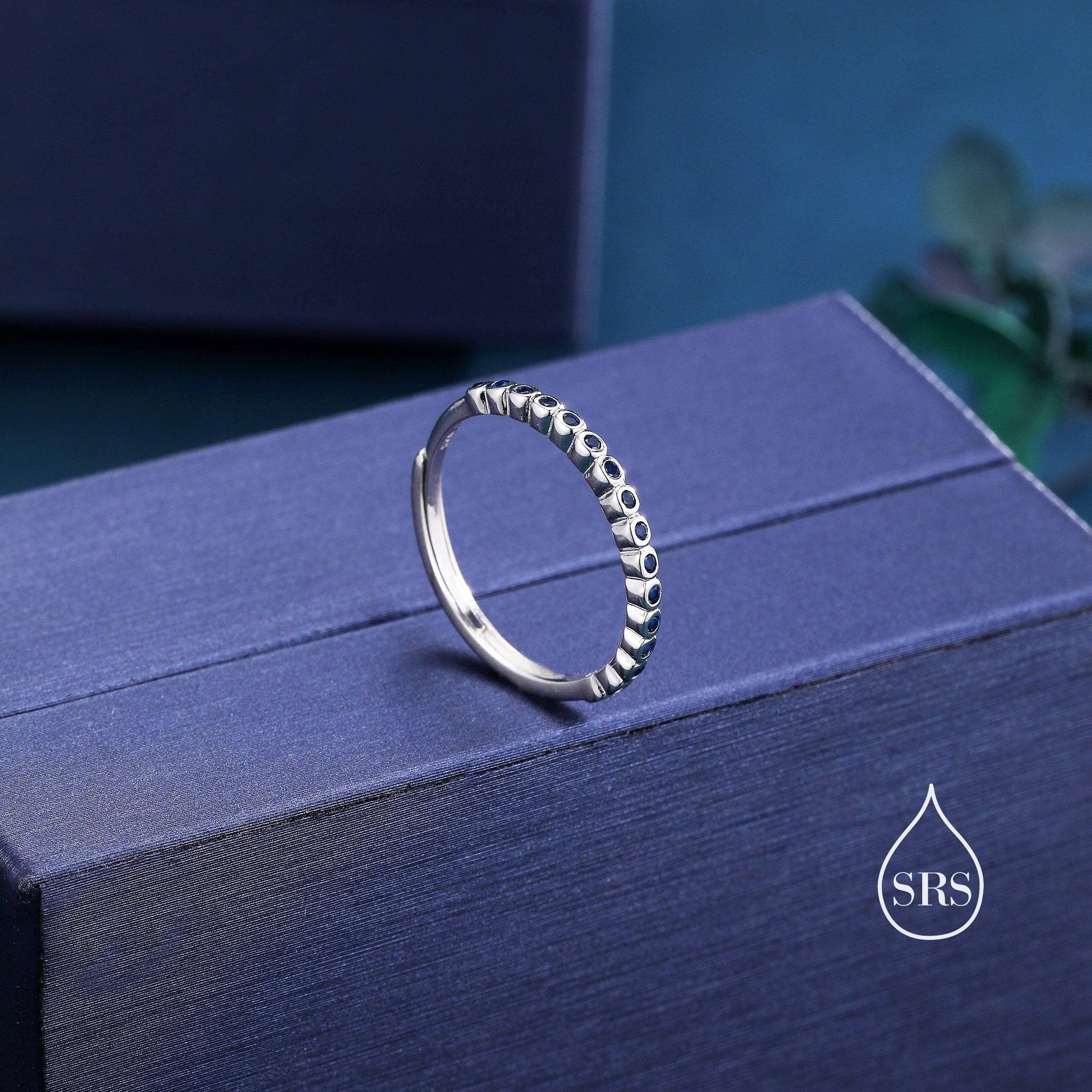 Sterling Silver Sapphire Blue Delicate CZ Bezel Ring, CZ Half Eternity Ring, Half Infinity Ring, Adjustable Sized Ring, Stacking Rings, - Image 5