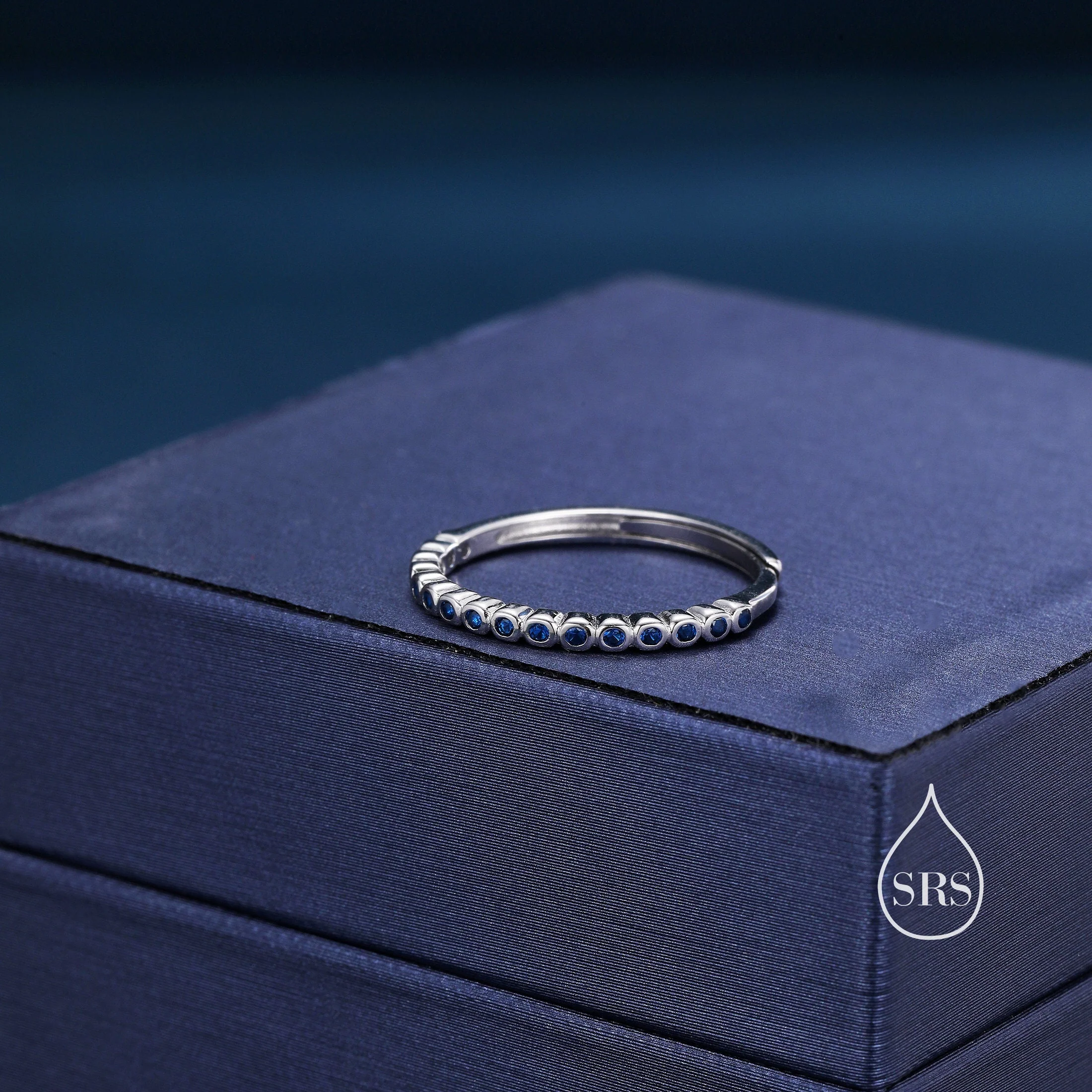 Sterling Silver Sapphire Blue Delicate CZ Bezel Ring, CZ Half Eternity Ring, Half Infinity Ring, Adjustable Sized Ring, Stacking Rings, - Image 6