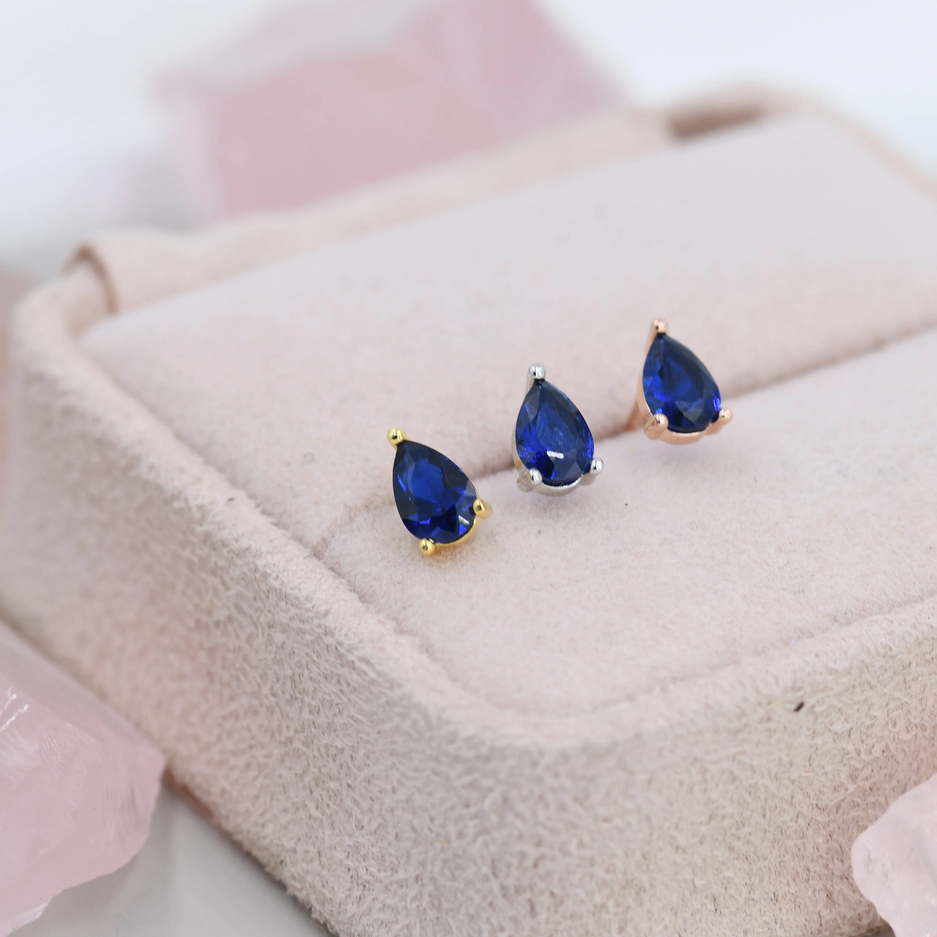Sterling Silver Sapphire Blue Droplet Earrings, Pear Cut Sapphire Earrings, September Birthstone CZ Earrings, Silver, Gold or Rose Gold - Image 3