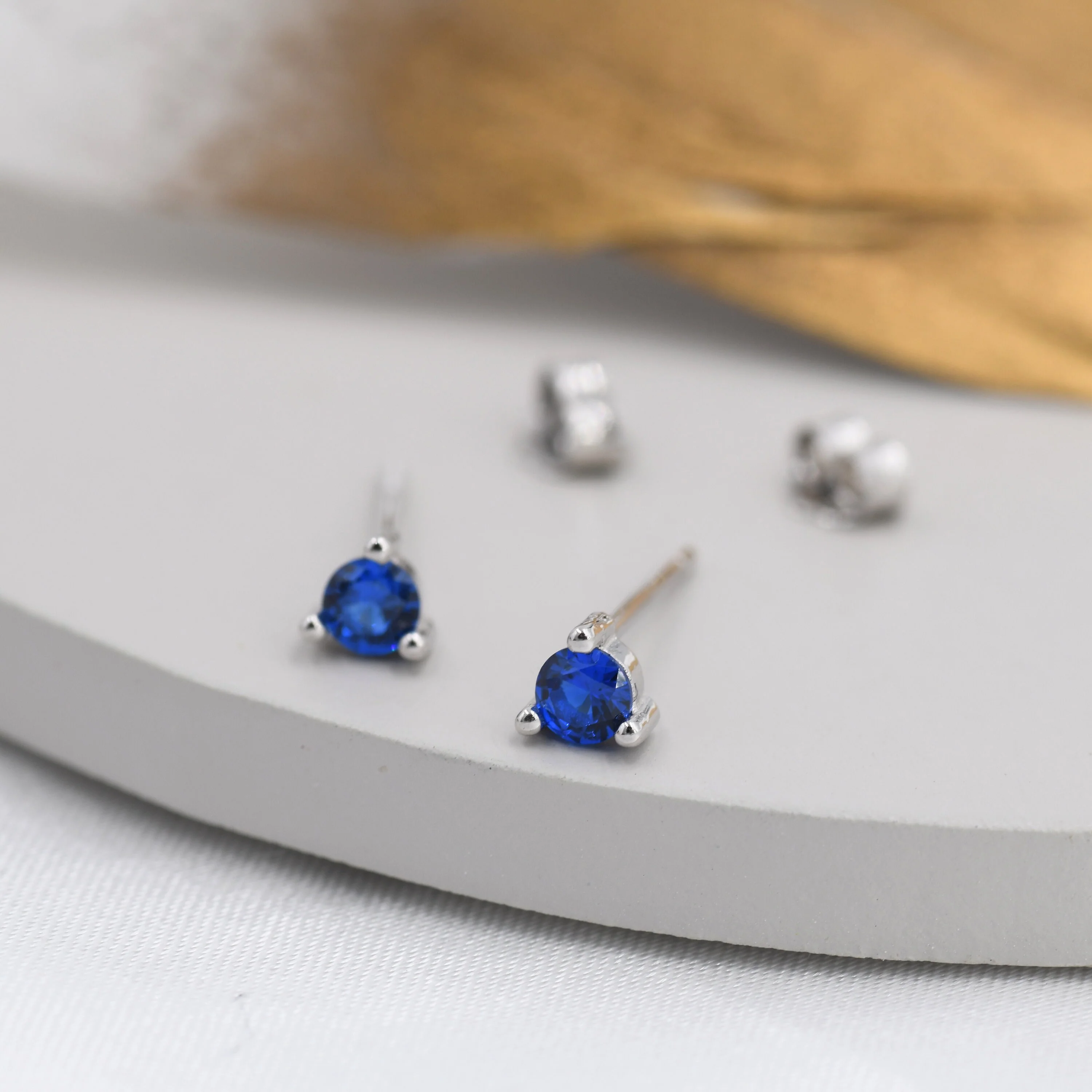 Sterling Silver Sapphire Blue Stud Earrings, 3mm September Birthstone CZ Earrings, Three Prong, Silver, Gold or Rose Gold, Stacking Earring - Image 3