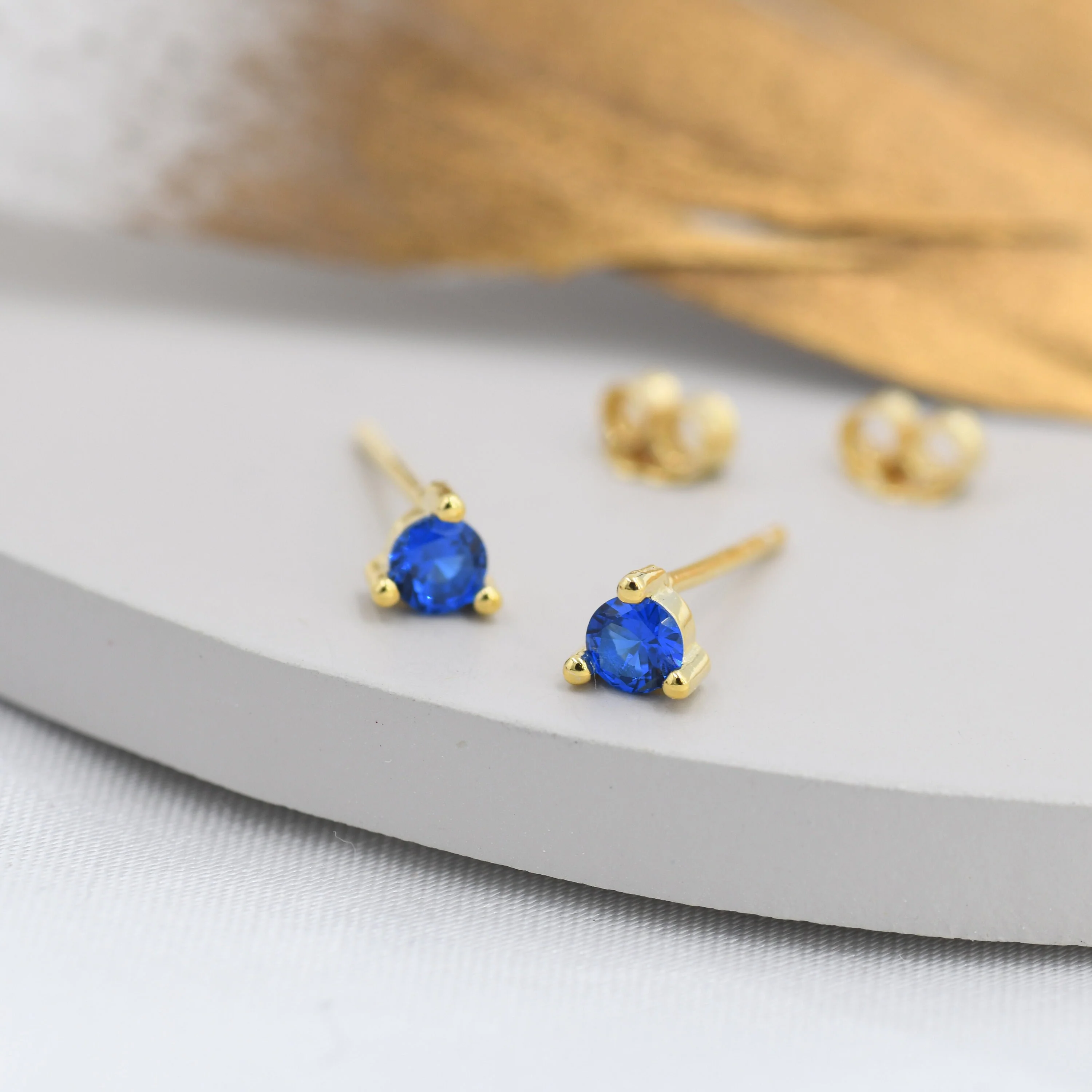 Sterling Silver Sapphire Blue Stud Earrings, 3mm September Birthstone CZ Earrings, Three Prong, Silver, Gold or Rose Gold, Stacking Earring - Image 4