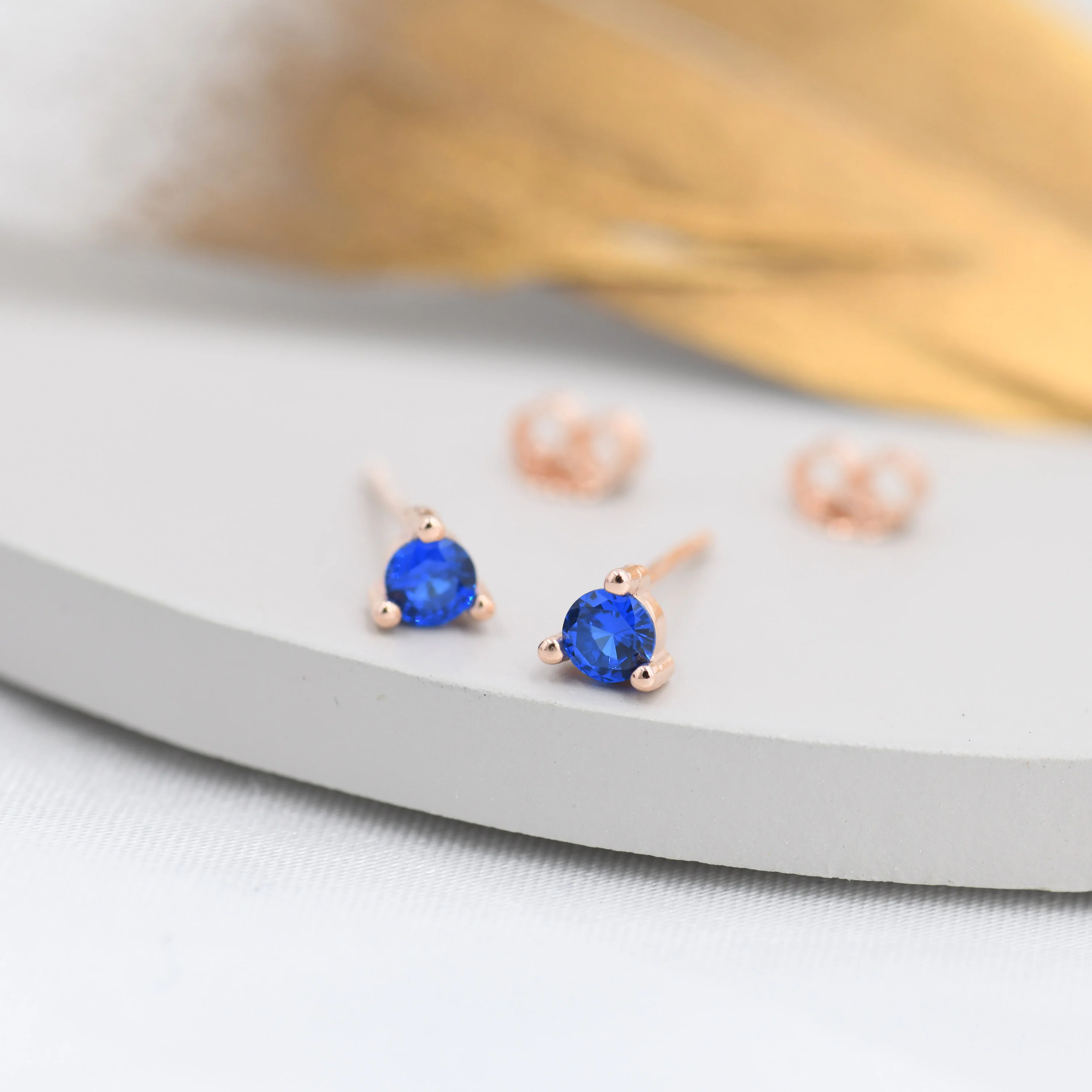Sterling Silver Sapphire Blue Stud Earrings, 3mm September Birthstone CZ Earrings, Three Prong, Silver, Gold or Rose Gold, Stacking Earring - Image 5
