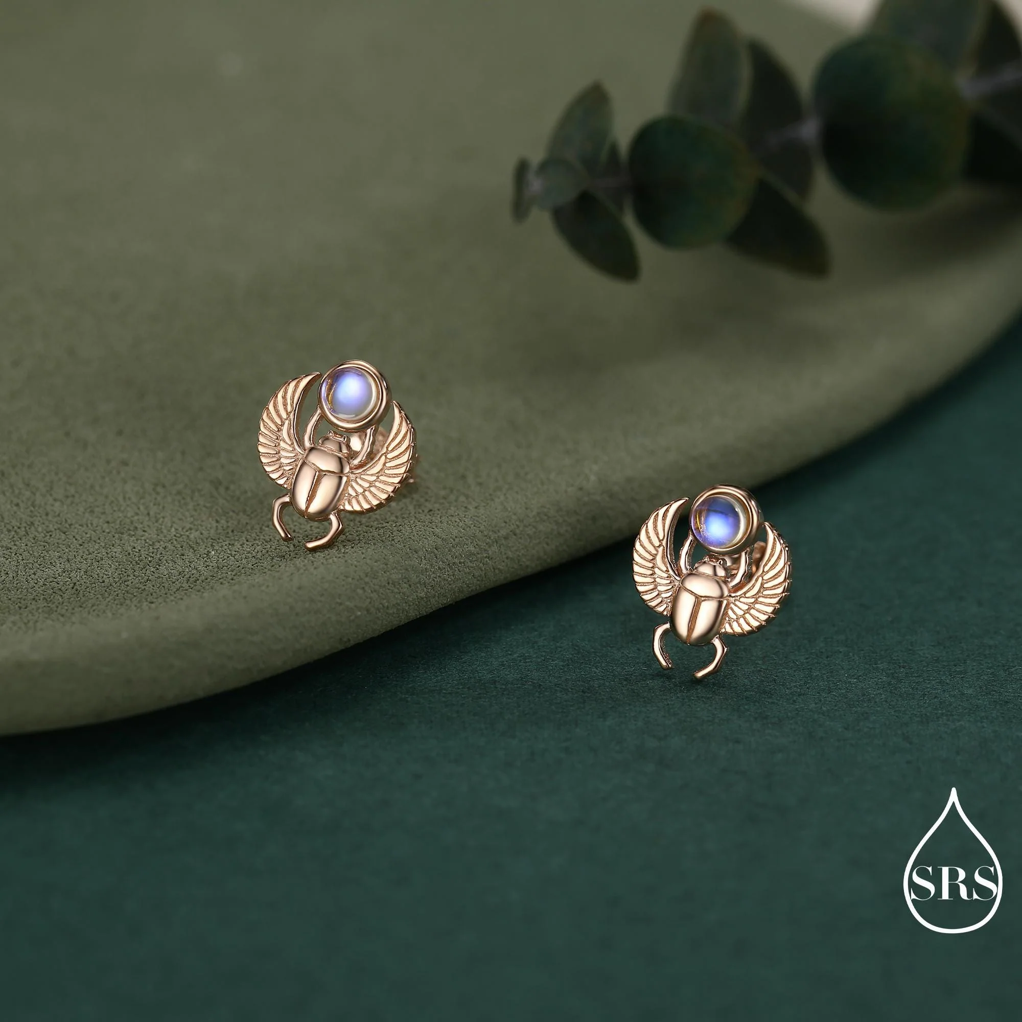 Sterling Silver Scarab Beetle Stud Earrings with Lab Moonstone – Egyptian Inspired Jewellery - Image 6