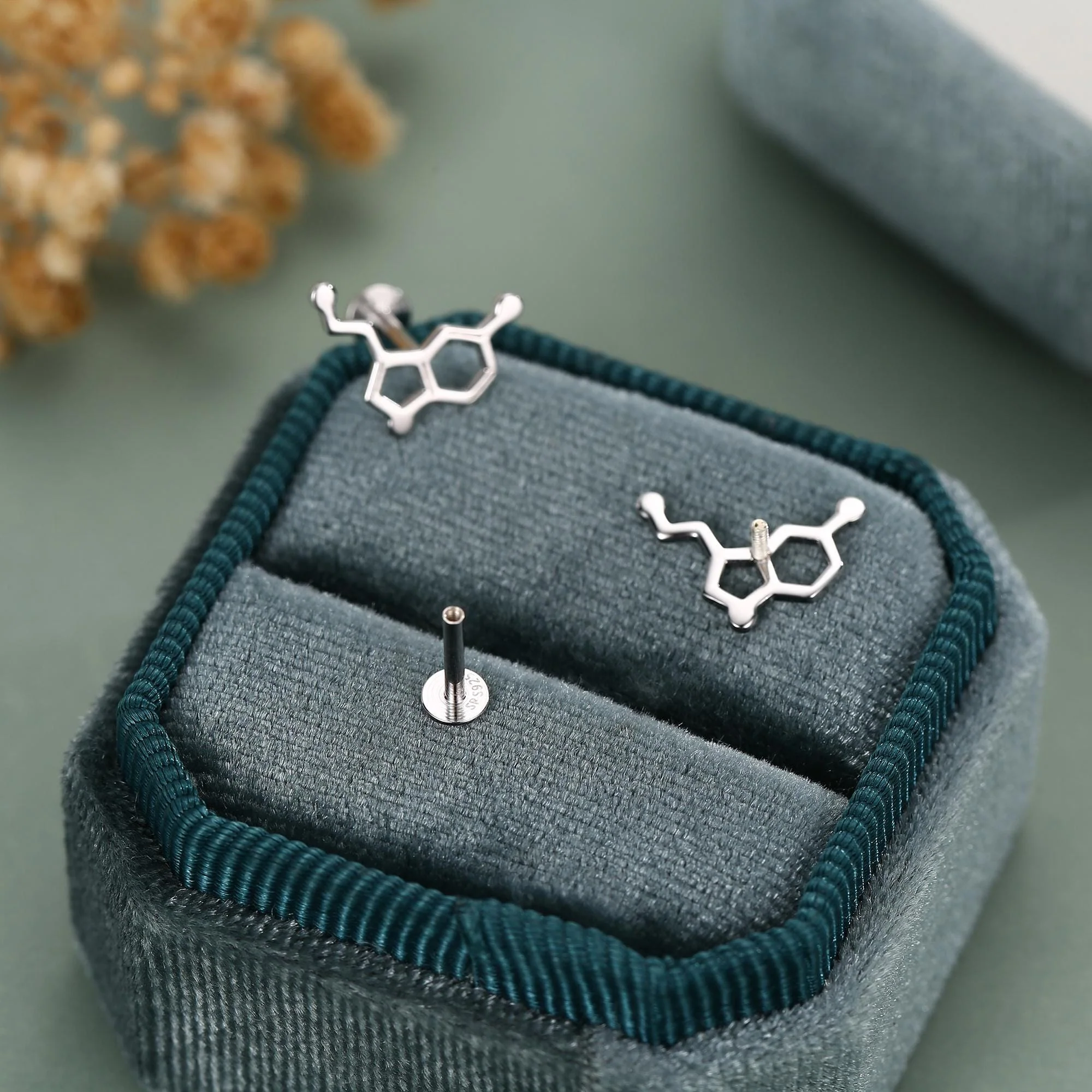 Sterling Silver Serotonin Molecule 16G Flat Back Labret Earrings - Image 2