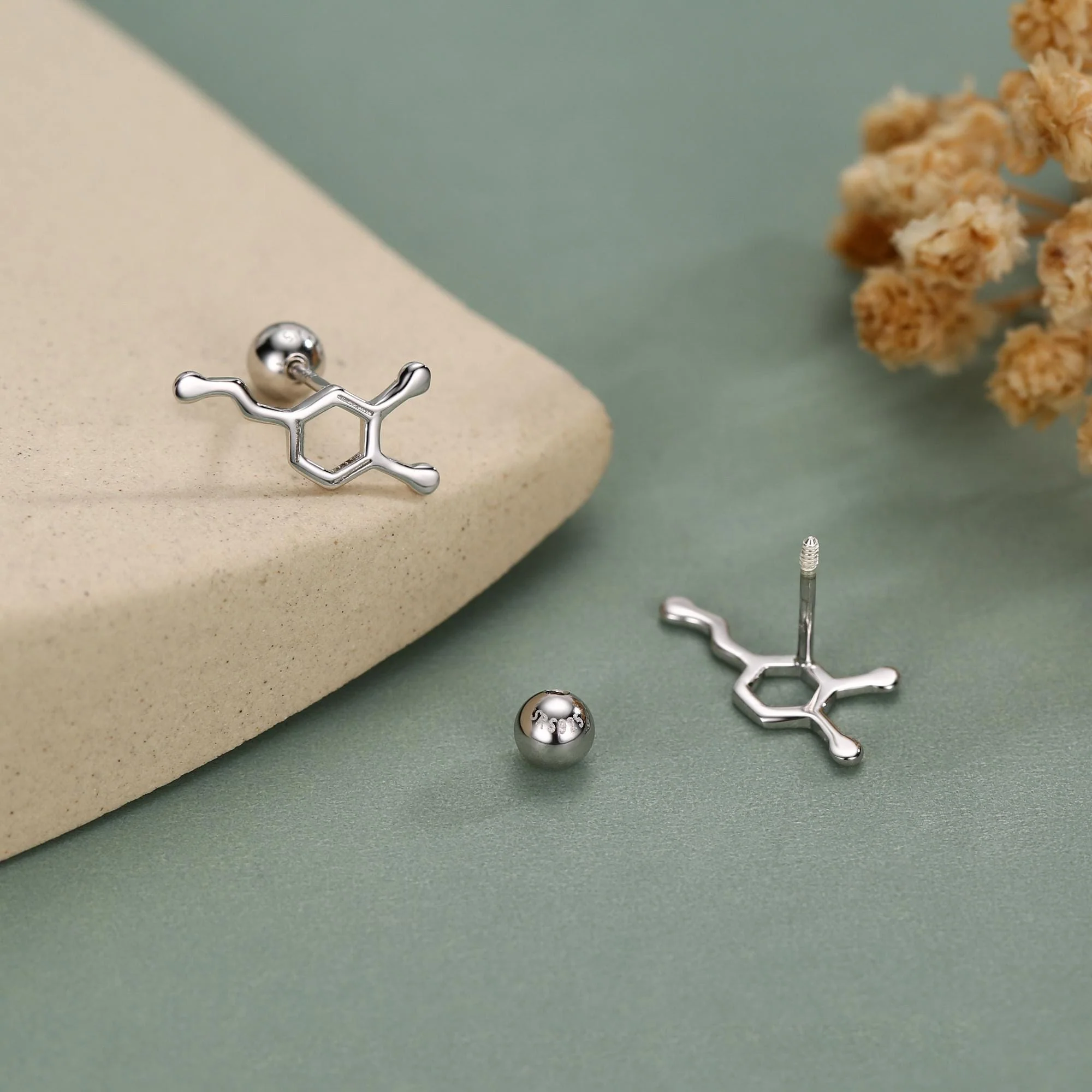 Sterling Silver Serotonin Molecule 18G Screw Back Stud Earrings - Image 3