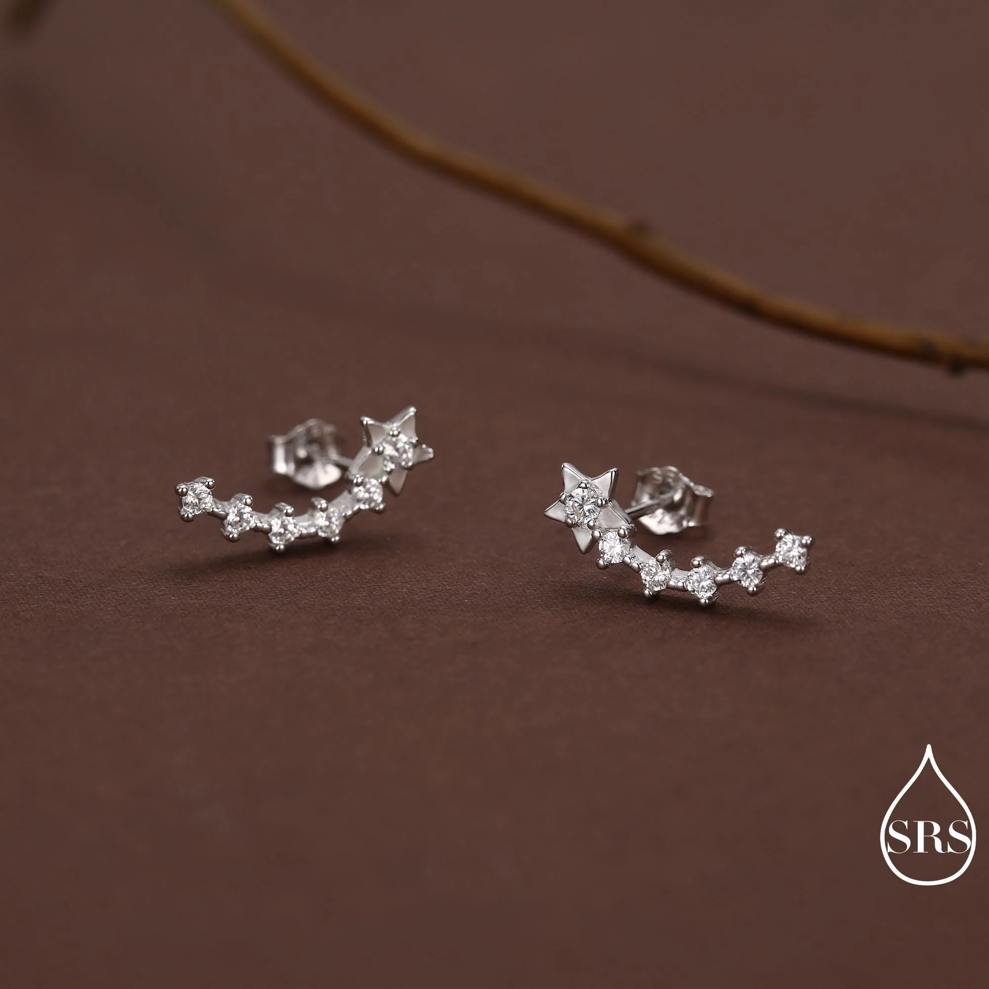 Sterling Silver Shooting Star Dainty Ear Crawler Stud Earrings, Silver, Gold and Rose Gold, Curved Bar with CZ Crystals - Image 3