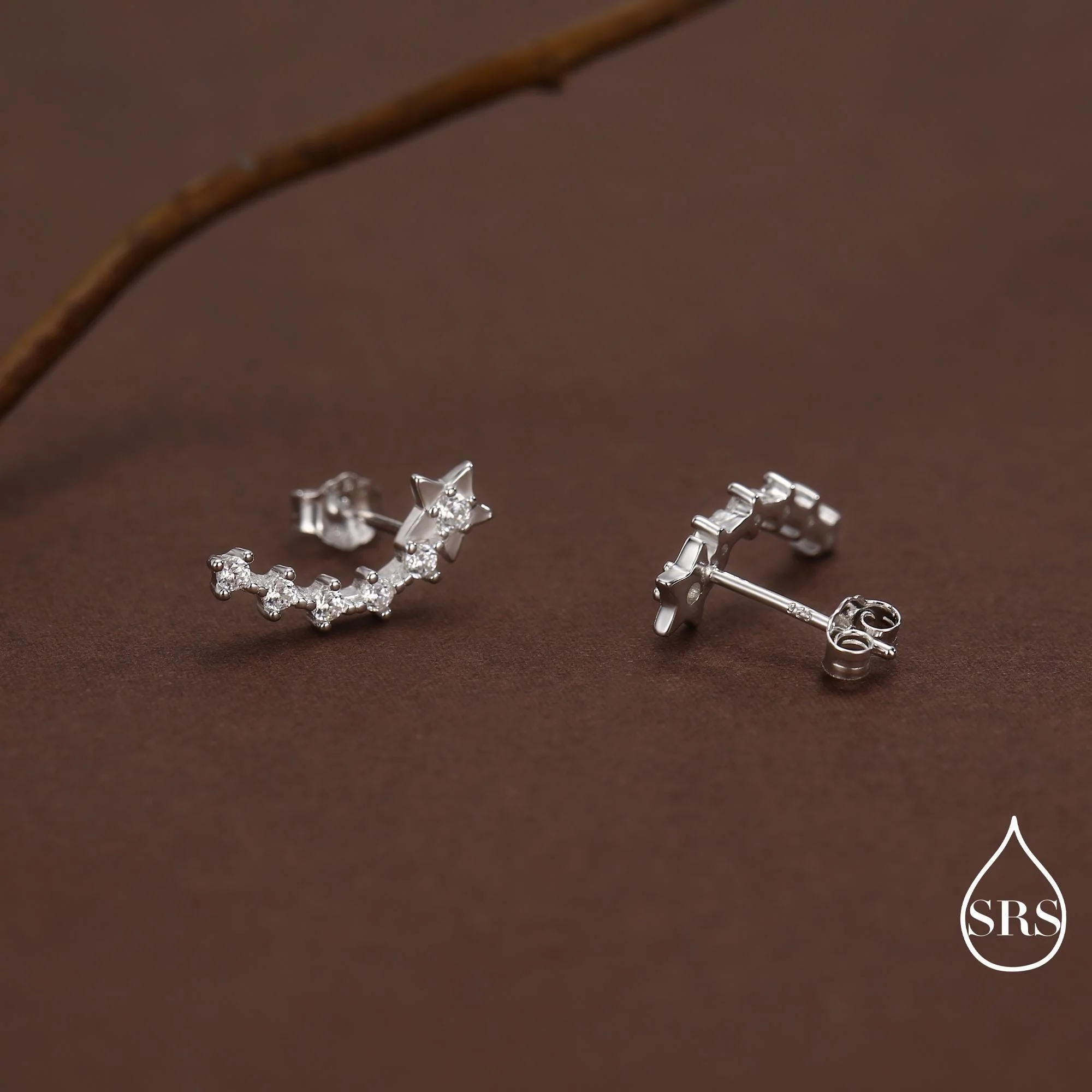 Sterling Silver Shooting Star Dainty Ear Crawler Stud Earrings, Silver, Gold and Rose Gold, Curved Bar with CZ Crystals - Image 4
