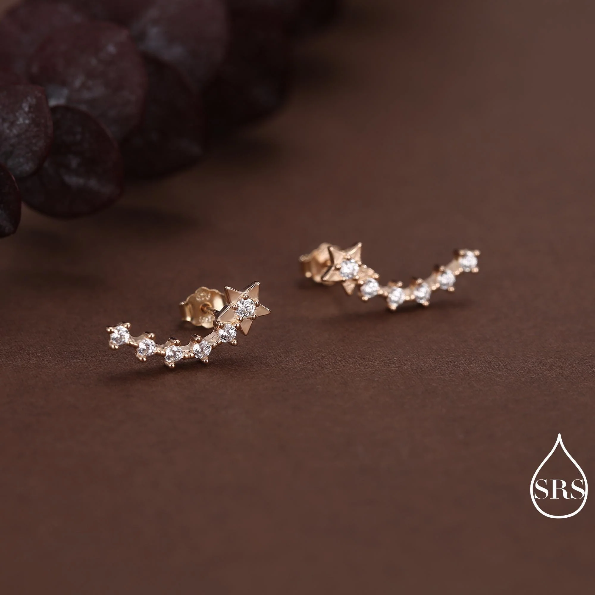 Sterling Silver Shooting Star Dainty Ear Crawler Stud Earrings, Silver, Gold and Rose Gold, Curved Bar with CZ Crystals - Image 5