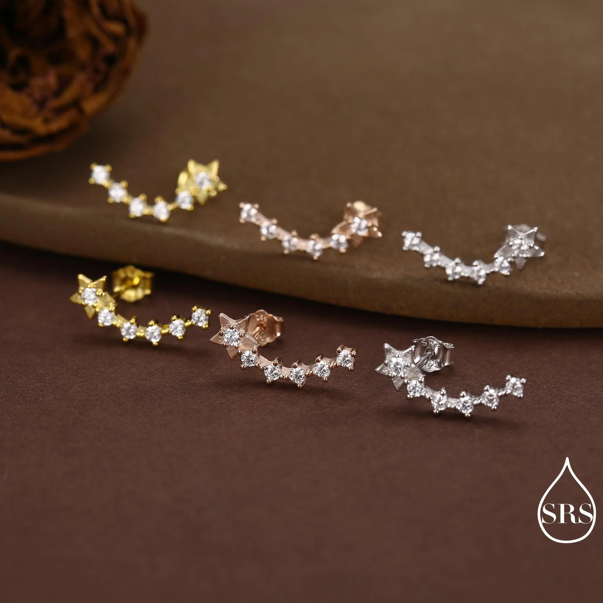 Sterling Silver Shooting Star Dainty Ear Crawler Stud Earrings, Silver, Gold and Rose Gold, Curved Bar with CZ Crystals - Image 7