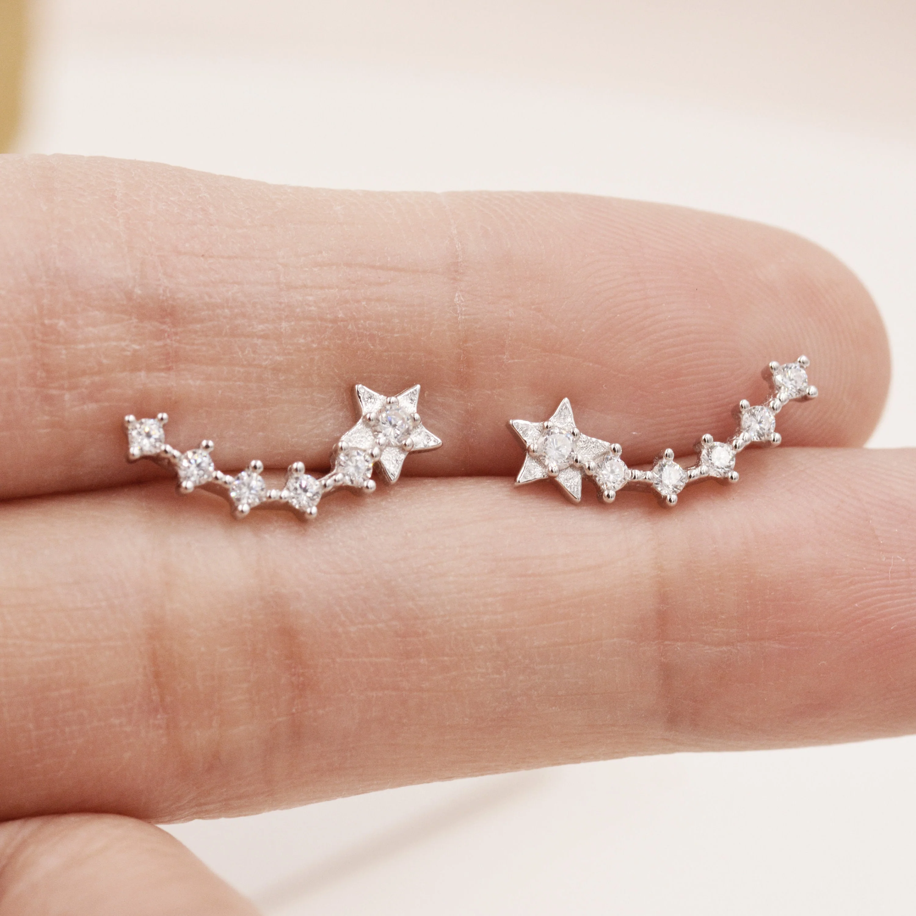 Sterling Silver Shooting Star Dainty Ear Crawler Stud Earrings, Silver, Gold and Rose Gold, Curved Bar with CZ Crystals - Image 8