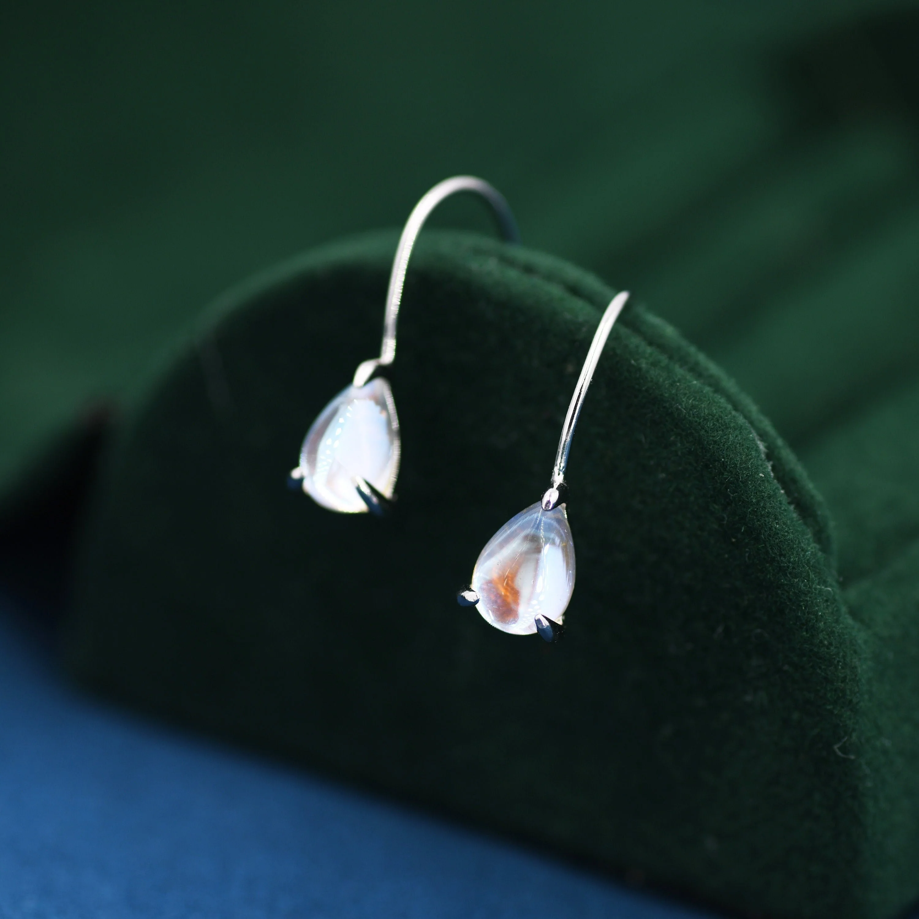 Sterling Silver Simulated Moonstone Droplet Drop Earrings in Sterling Silver, Aurora Crystal, Chunky Pear Shape Hook Earrings - Image 2