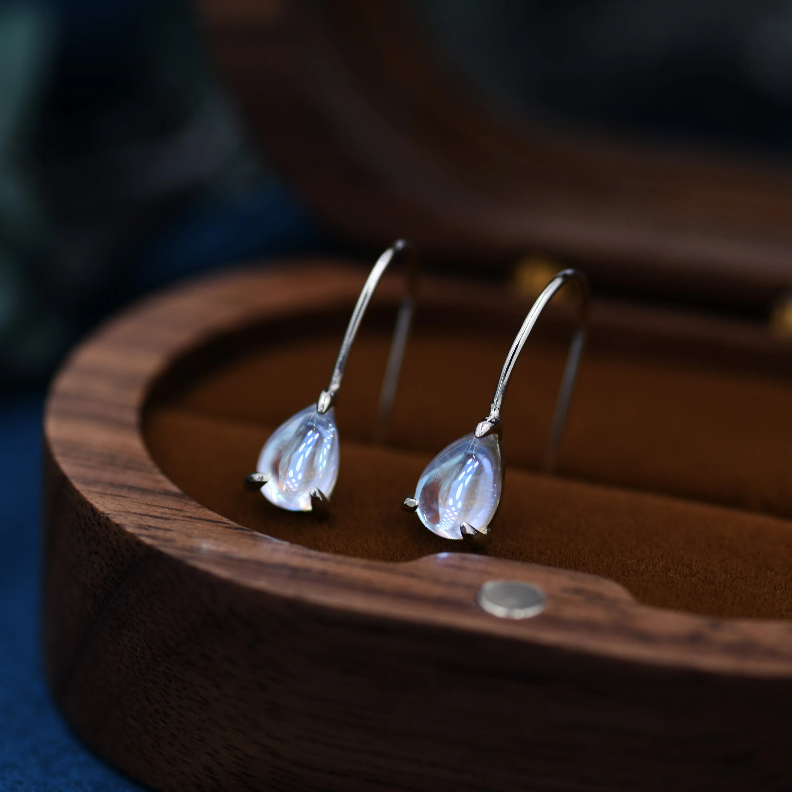Sterling Silver Simulated Moonstone Droplet Drop Earrings in Sterling Silver, Aurora Crystal, Chunky Pear Shape Hook Earrings - Image 3