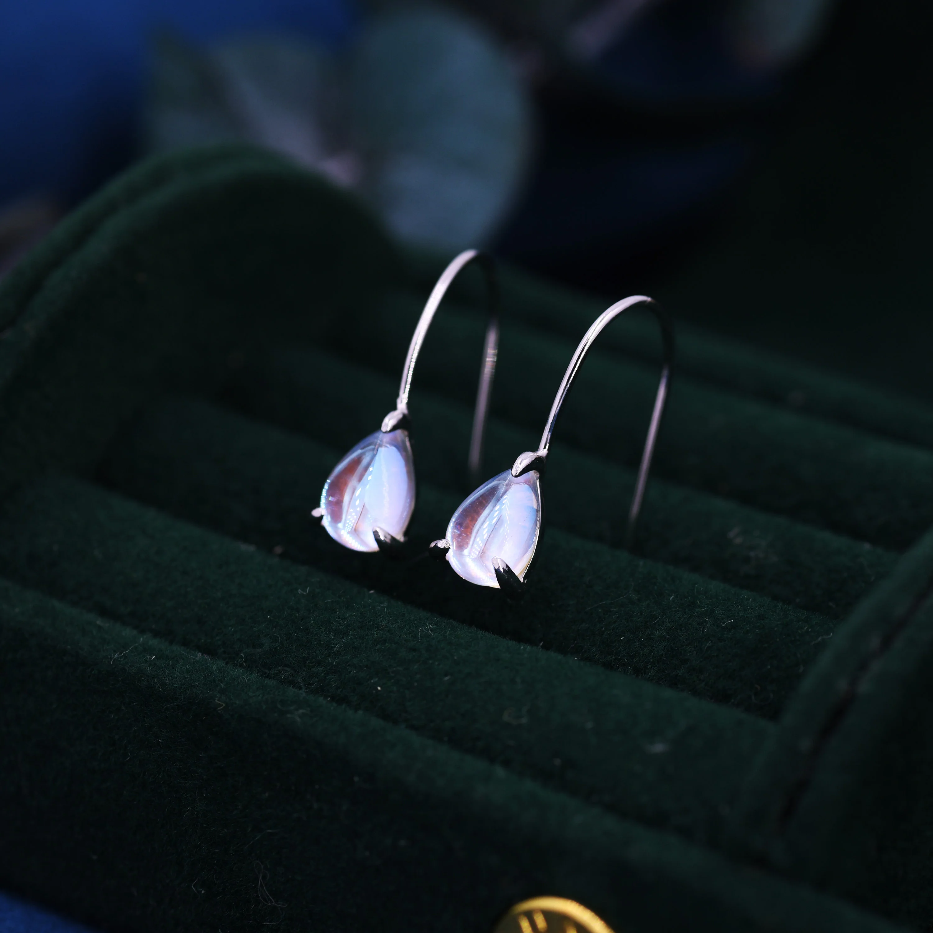 Sterling Silver Simulated Moonstone Droplet Drop Earrings in Sterling Silver, Aurora Crystal, Chunky Pear Shape Hook Earrings - Image 6