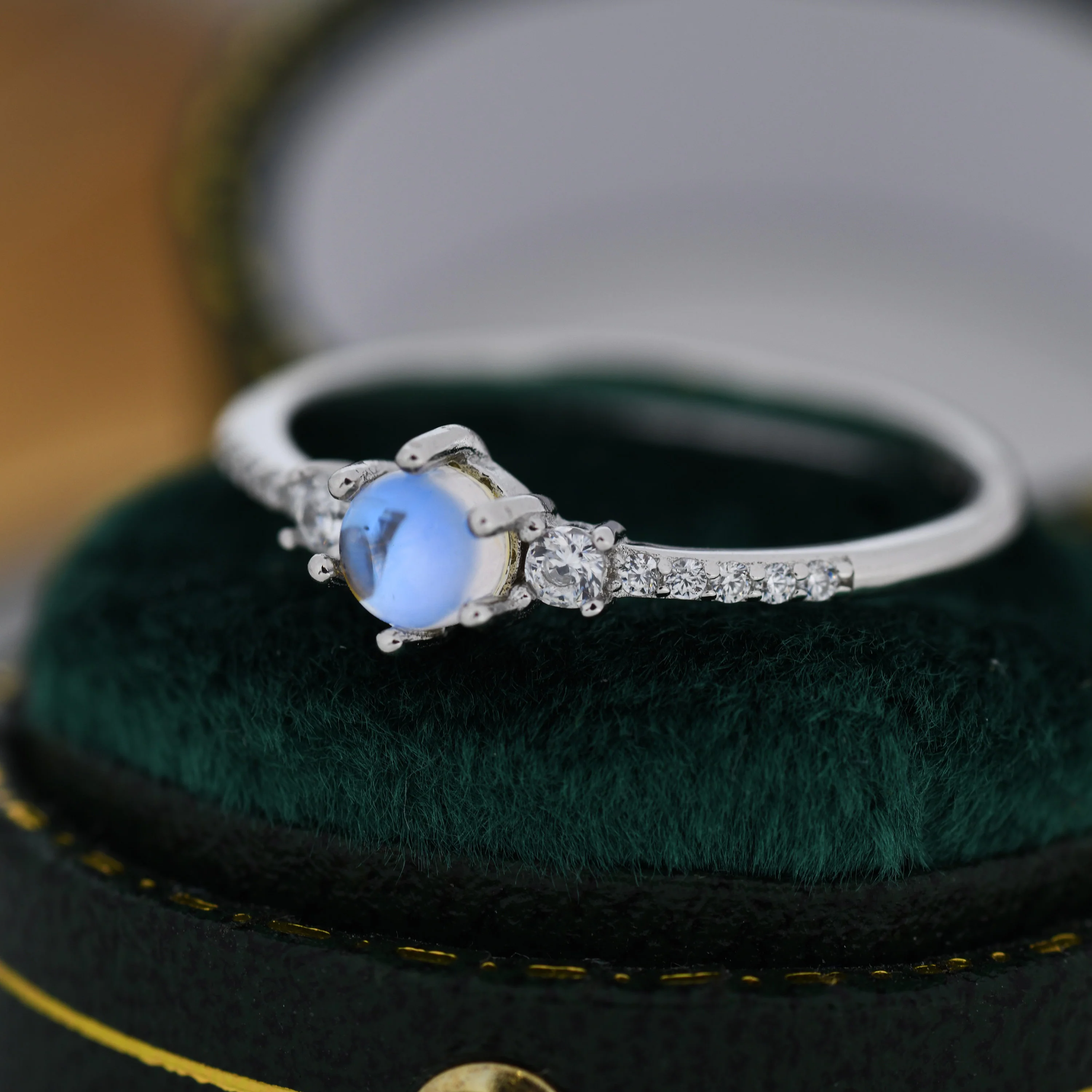 Sterling Silver Simulated Moonstone Ring with CZ Crystals, Stacking Ring, Silver Skinny Ring, Size US 5-8 - Image 4