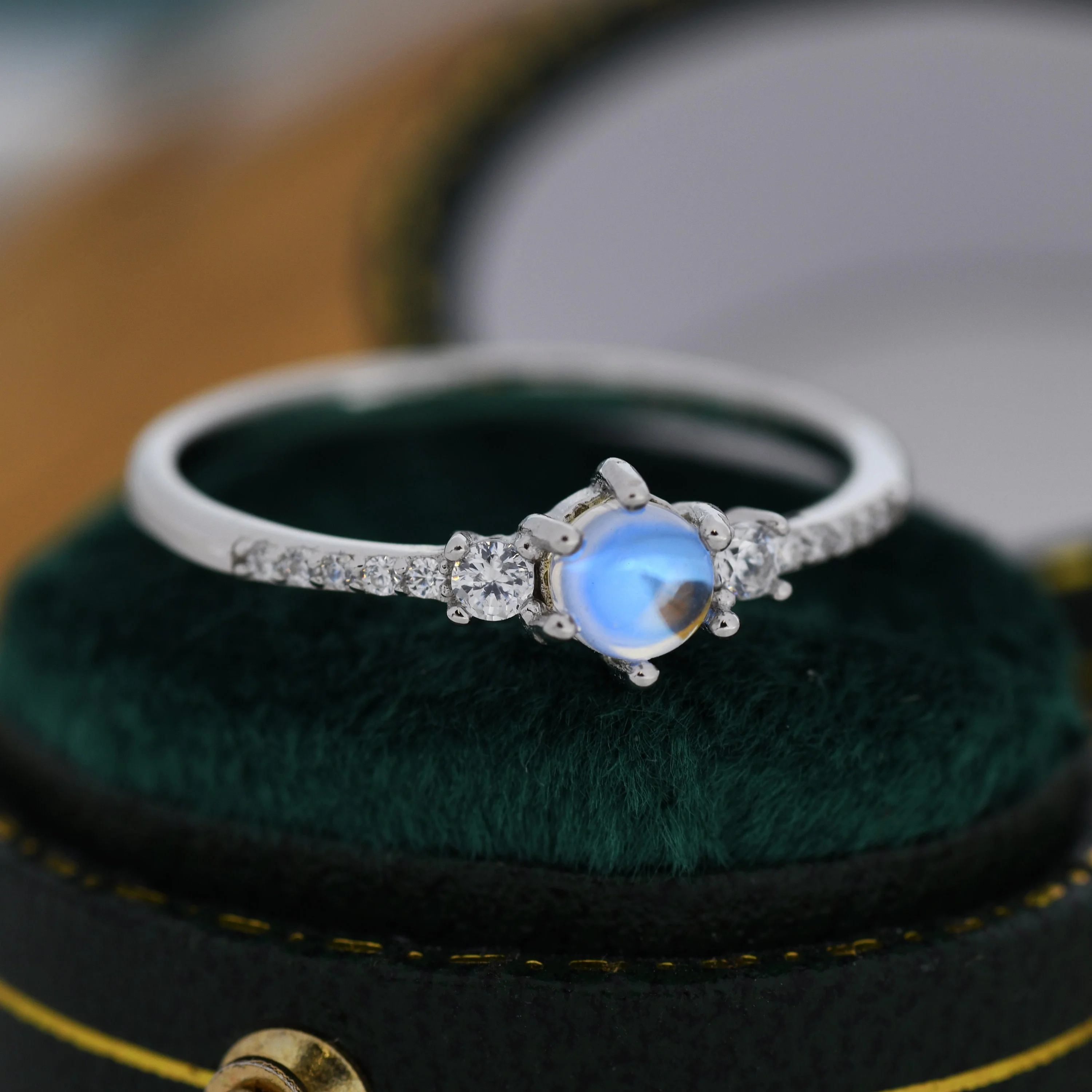 Sterling Silver Simulated Moonstone Ring with CZ Crystals, Stacking Ring, Silver Skinny Ring, Size US 5-8 - Image 5