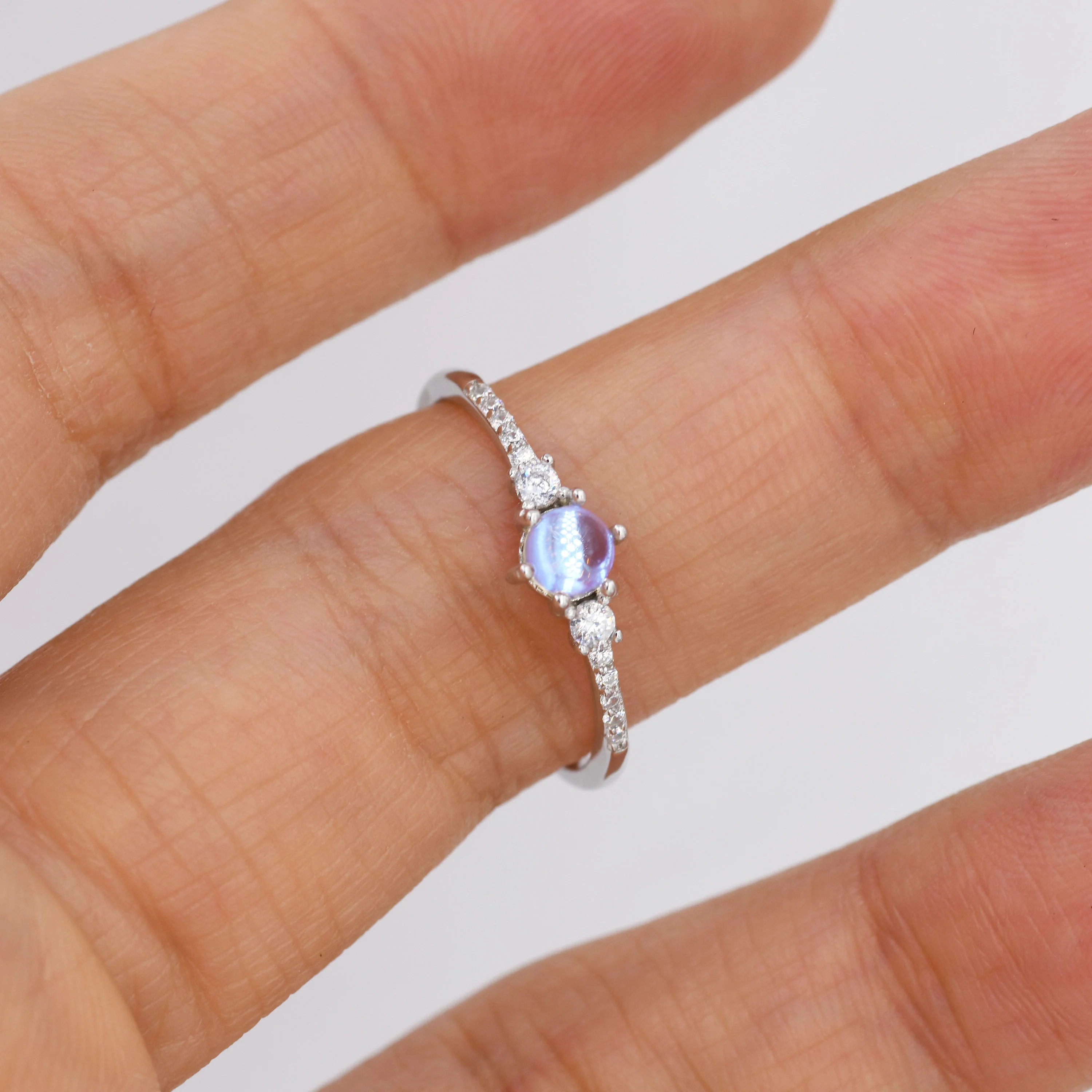 Sterling Silver Simulated Moonstone Ring with CZ Crystals, Stacking Ring, Silver Skinny Ring, Size US 5-8 - Image 6