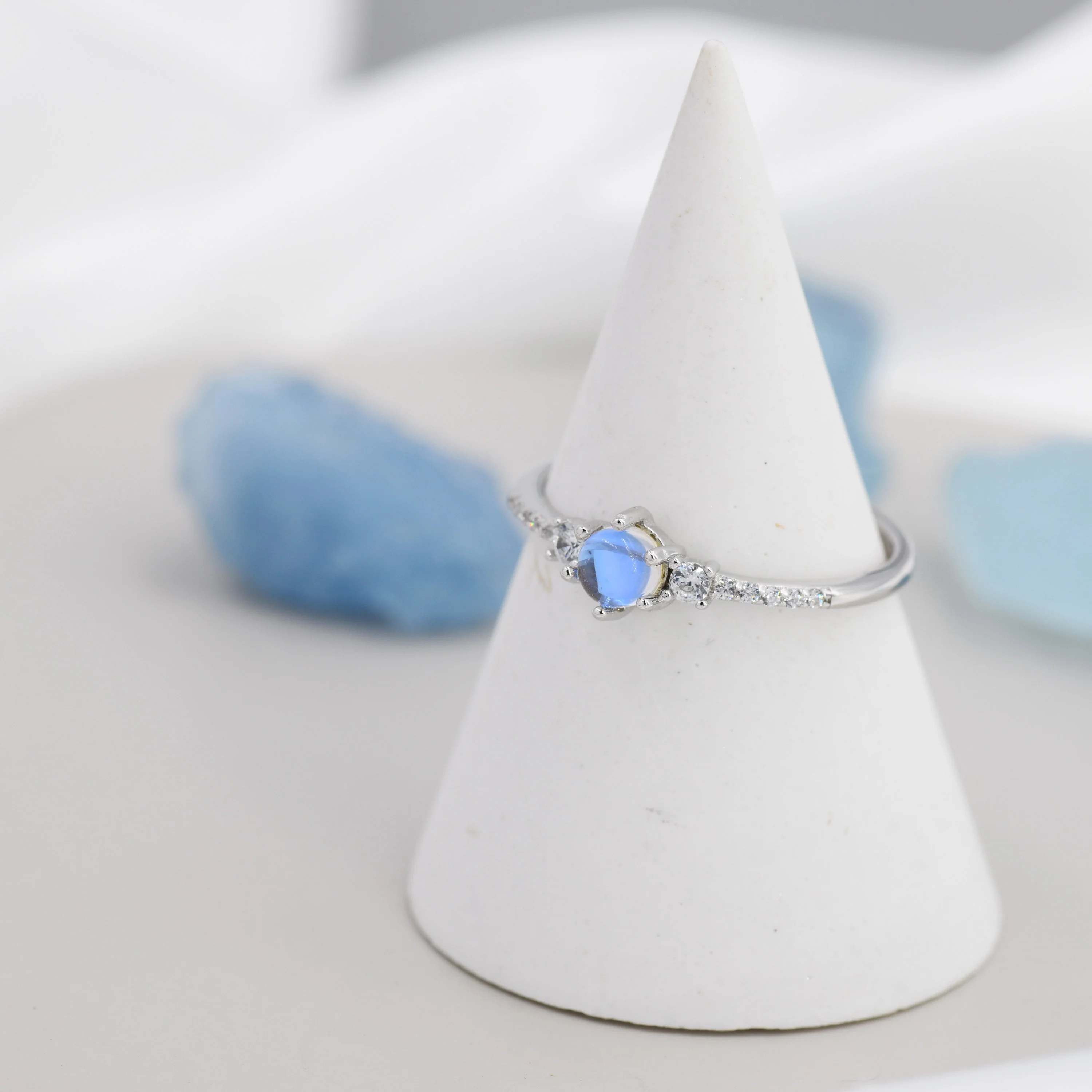 Sterling Silver Simulated Moonstone Ring with CZ Crystals, Stacking Ring, Silver Skinny Ring, Size US 5-8 - Image 7