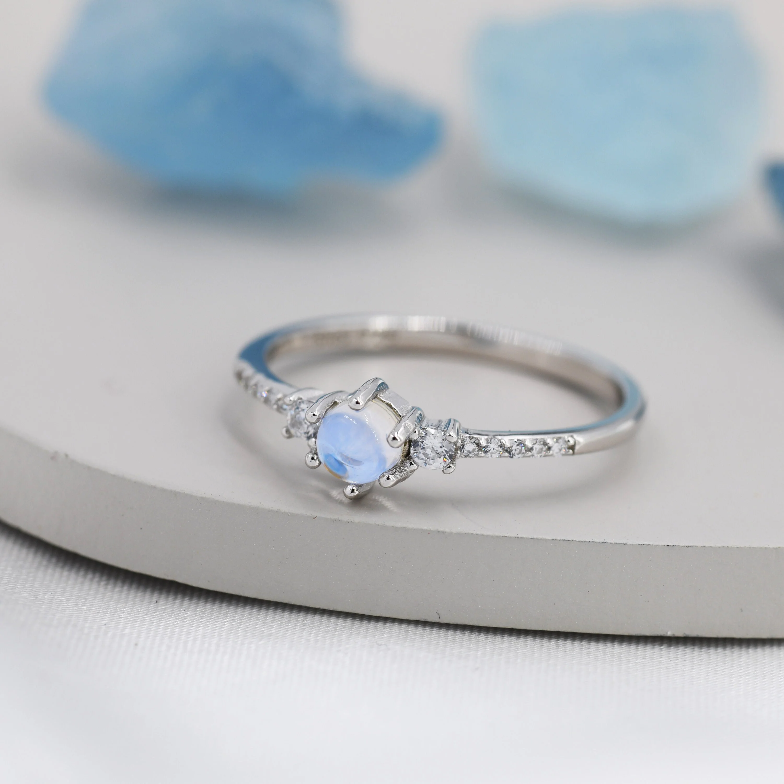 Sterling Silver Simulated Moonstone Ring with CZ Crystals, Stacking Ring, Silver Skinny Ring, Size US 5-8 - Image 9