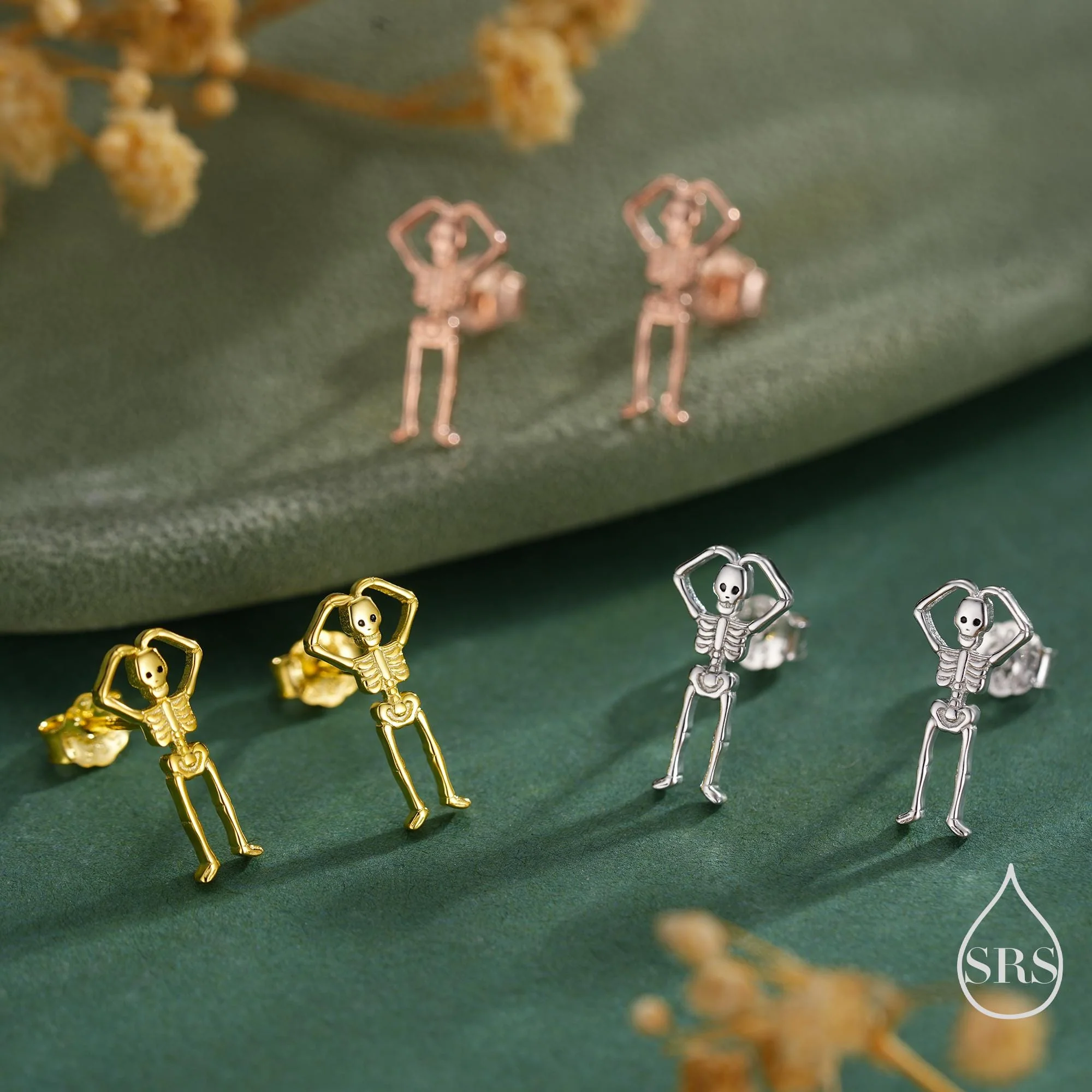 Sterling Silver Skeleton Stud Earrings - Heart Over Head Pose – Silver, Gold, or Rose Gold Finish, Quirky Gothic Jewellery, Halloween Theme - Image 5