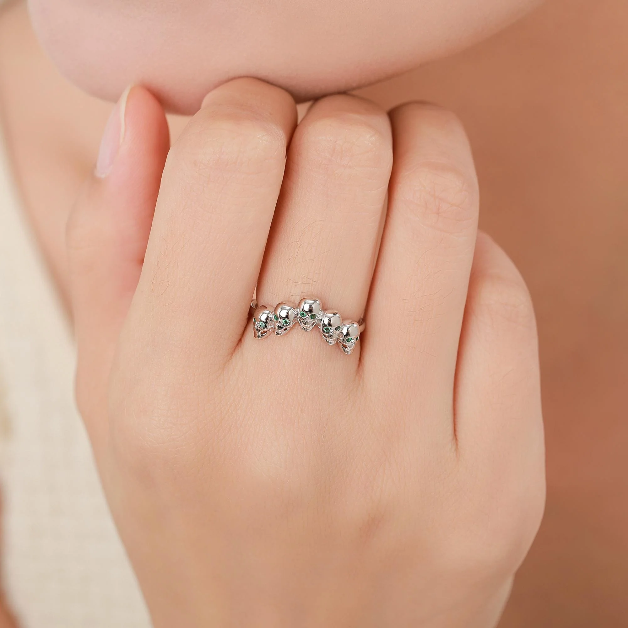 Sterling Silver Skull Motif Ring with Emerald Green CZ, Silver Skull V Shape Ring, Tiny Skull Chevron Adjustable Skeleton Ring - Image 4