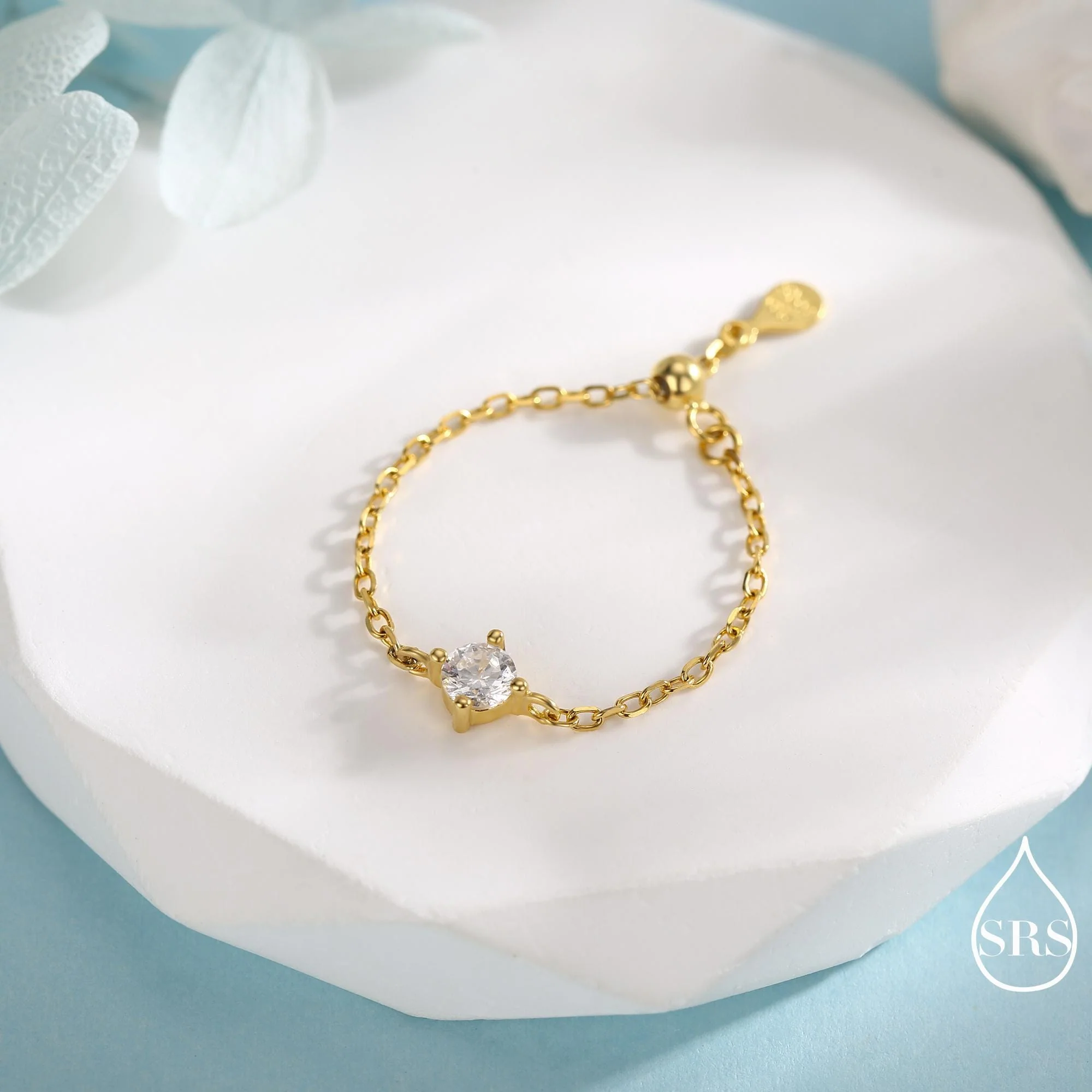 Sterling Silver Sparkly CZ Soft Chain Ring, Adjustable Size Crystal Chain Ring, Silver or Gold Finish, Soft chain Ring in Sterling Silver - Image 7