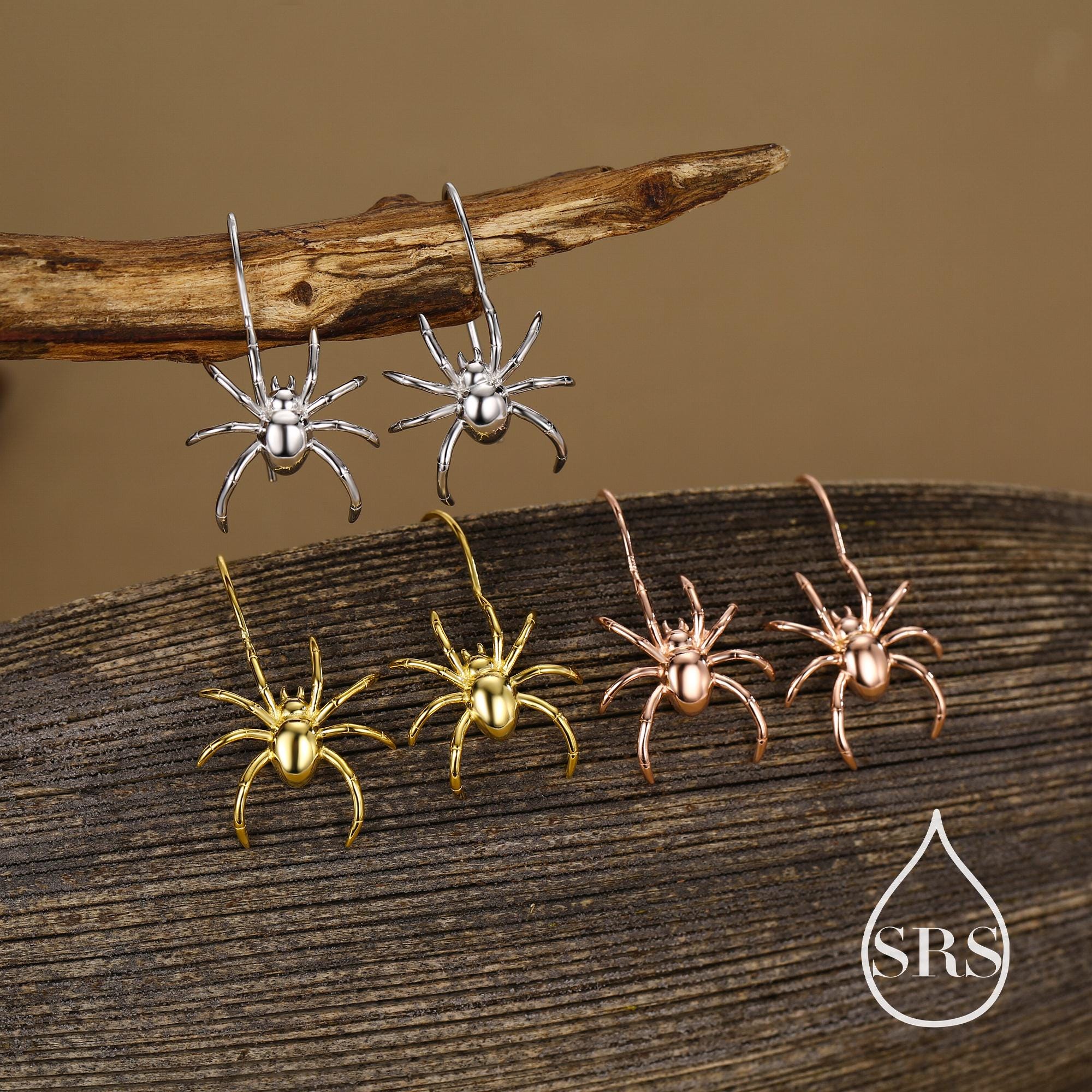 Sterling Silver Spider Drop Earrings, Also in Gold and Rose Gold Finish, Quirky and Edgy Animal Earrings, Nature Inspired - Image 7