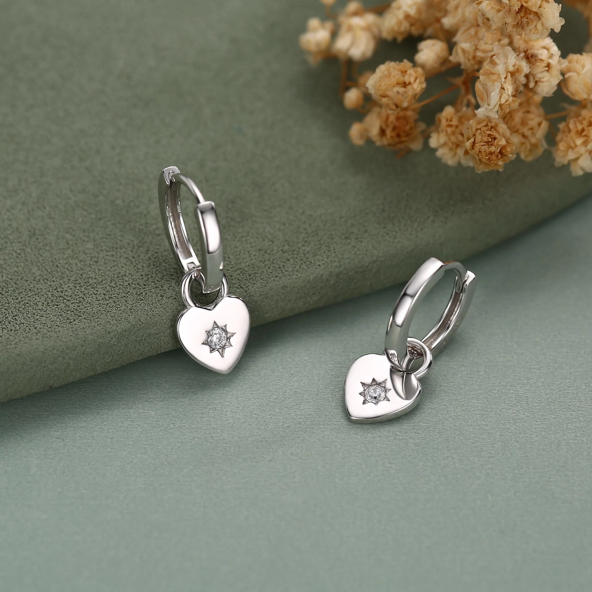 Sterling Silver Starburst Heart Hoop Earrings, Detachable Heart Charm Hoop Earrings, Silver or Gold, Interchangeable and detachable - Image 2