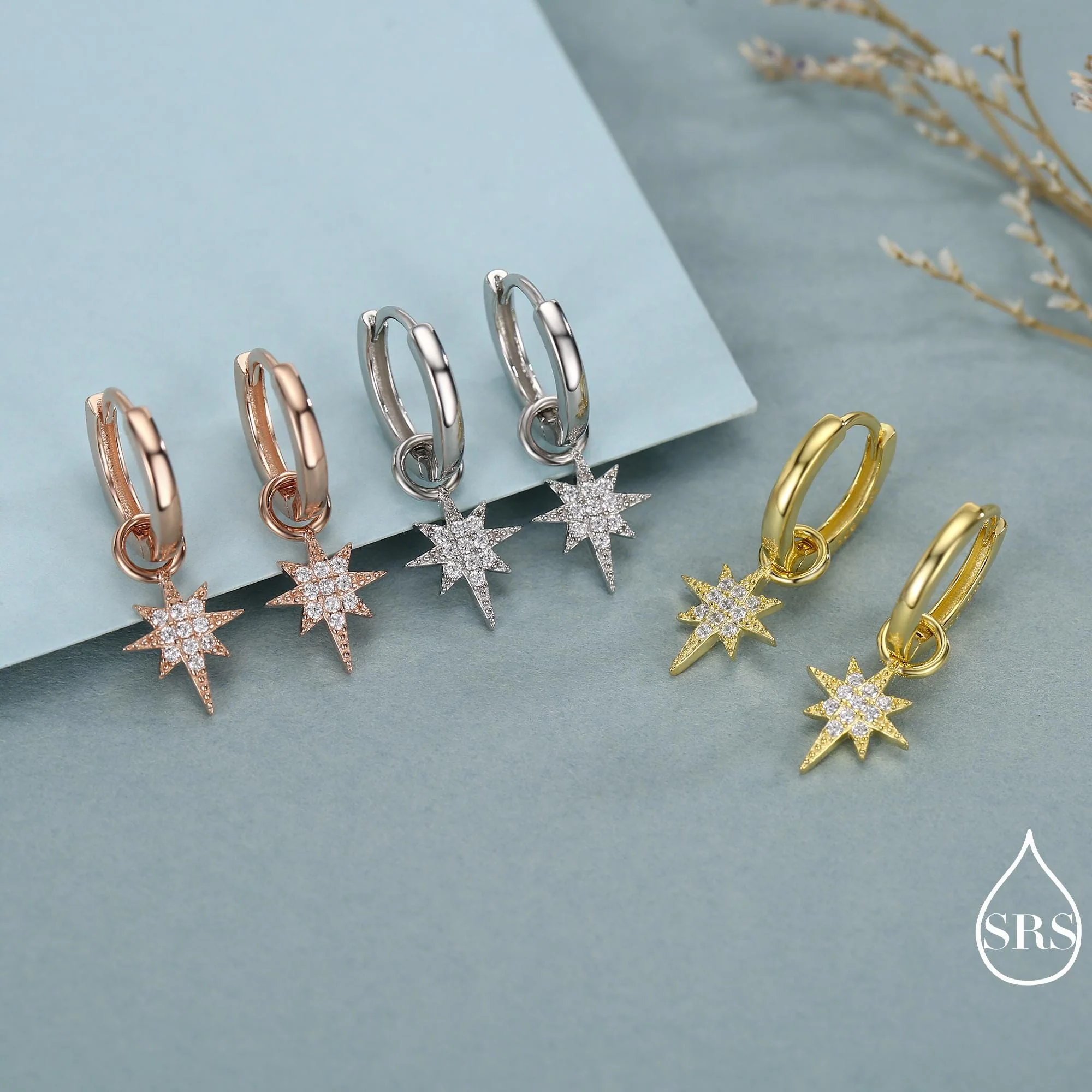 Sterling Silver Starburst North Star Hoop Earrings, Detachable Charm Hoop Earrings, Silver, Gold, Rose Gold,  Interchangeable and detachable - Image 7