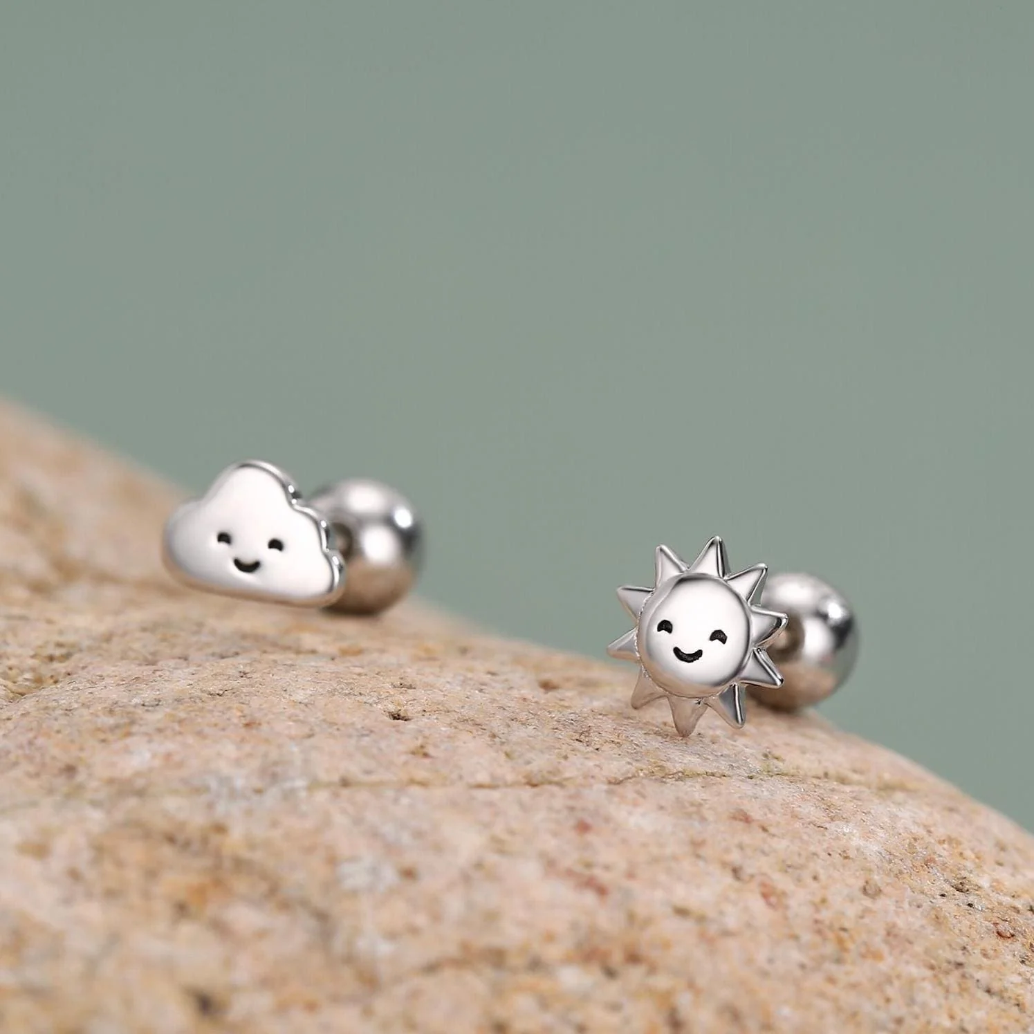 Sterling Silver Sun and Cloud 18G Screw Back Earrings with Ball Backs