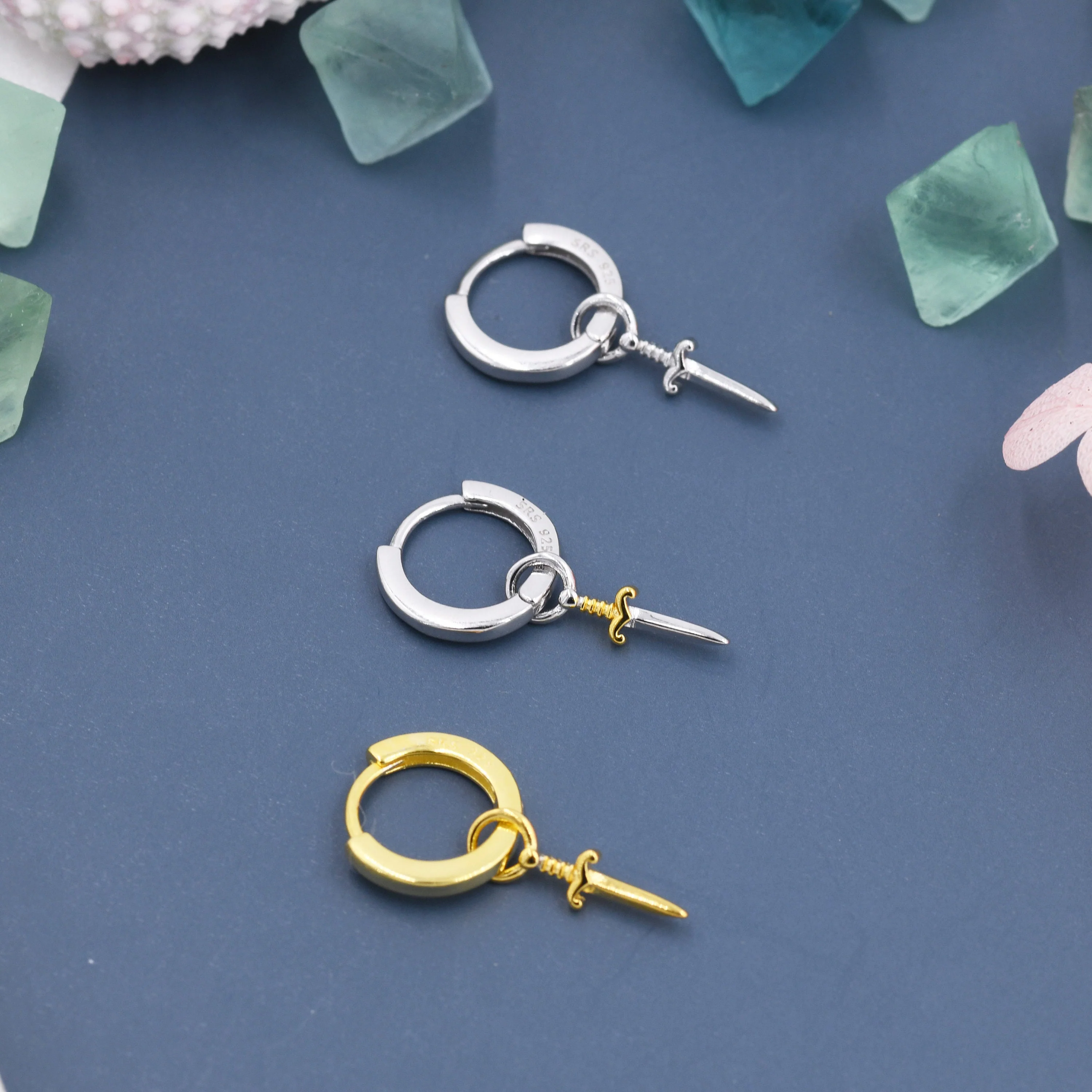Sterling Silver Sword Hoop Earrings, Detachable Charm Hoop Earrings, Dagger Earrings, Silver or Gold,  Interchangeable and detachable - Image 4