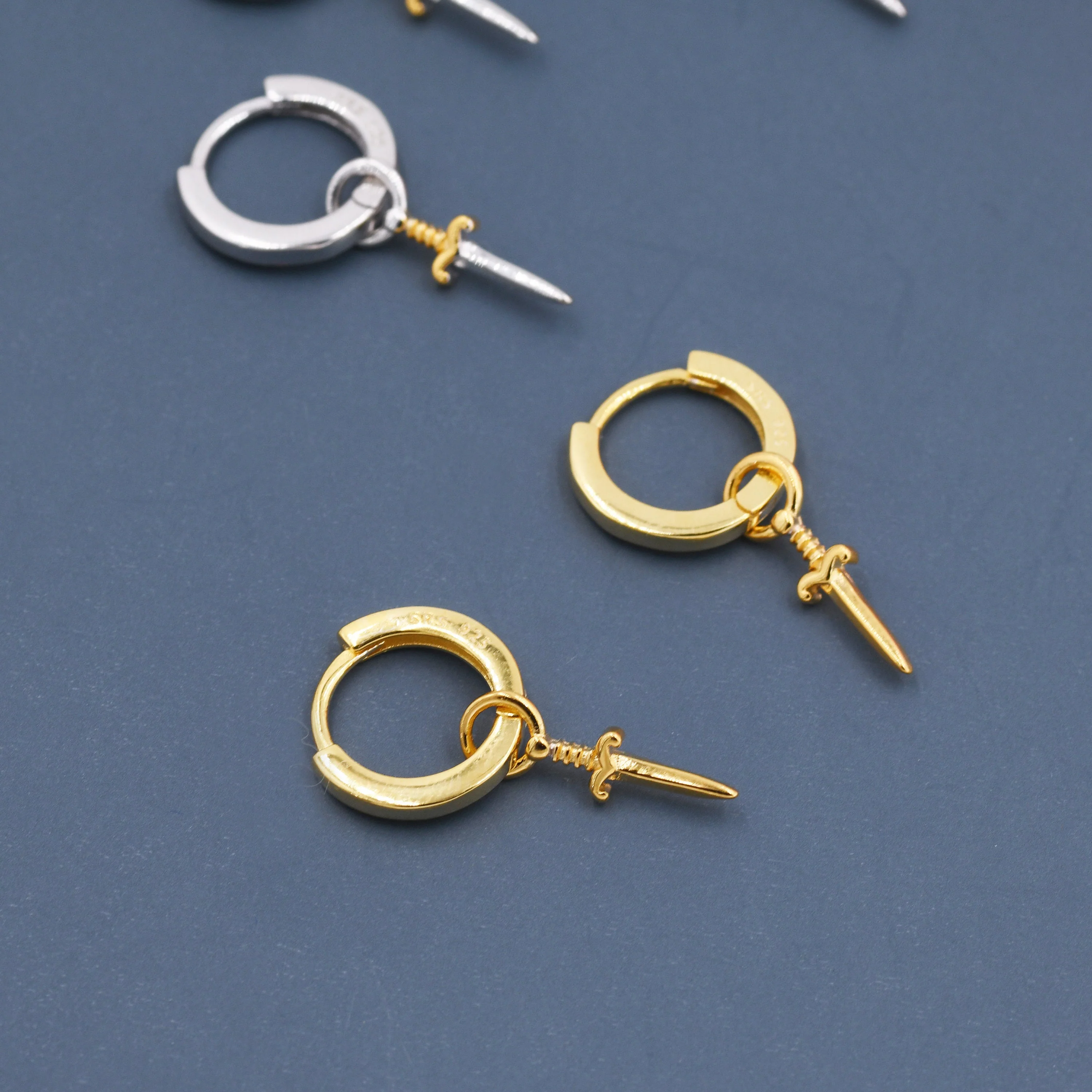 Sterling Silver Sword Hoop Earrings, Detachable Charm Hoop Earrings, Dagger Earrings, Silver or Gold,  Interchangeable and detachable - Image 5