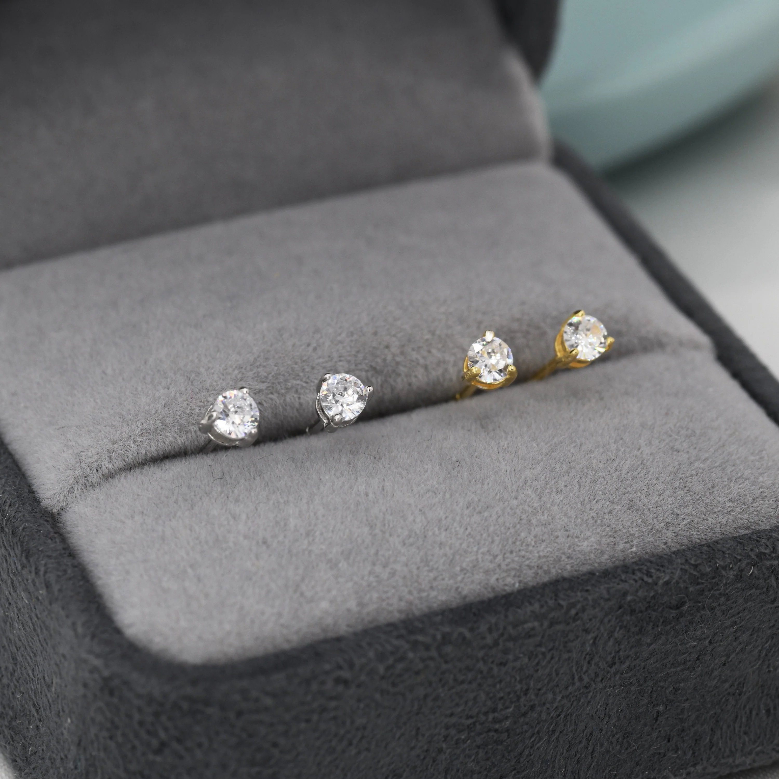 Sterling Silver Three Prong CZ Stud Earrings in Sterling Silver, Silver or Gold or Rose Gold, 3mm CZ, Diamond Stud - Image 3