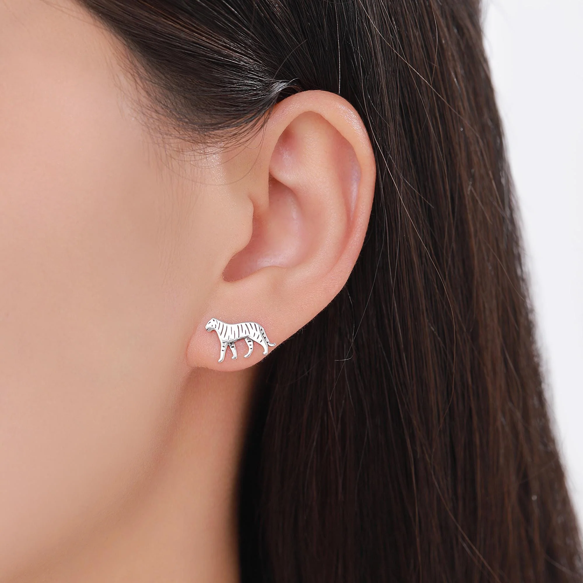 Sterling Silver Tiger Stud Earrings - Available in Silver, Gold or Rose Gold Finish, Tiger Earrings, Nature Inspired Animal Earrings - Image 2