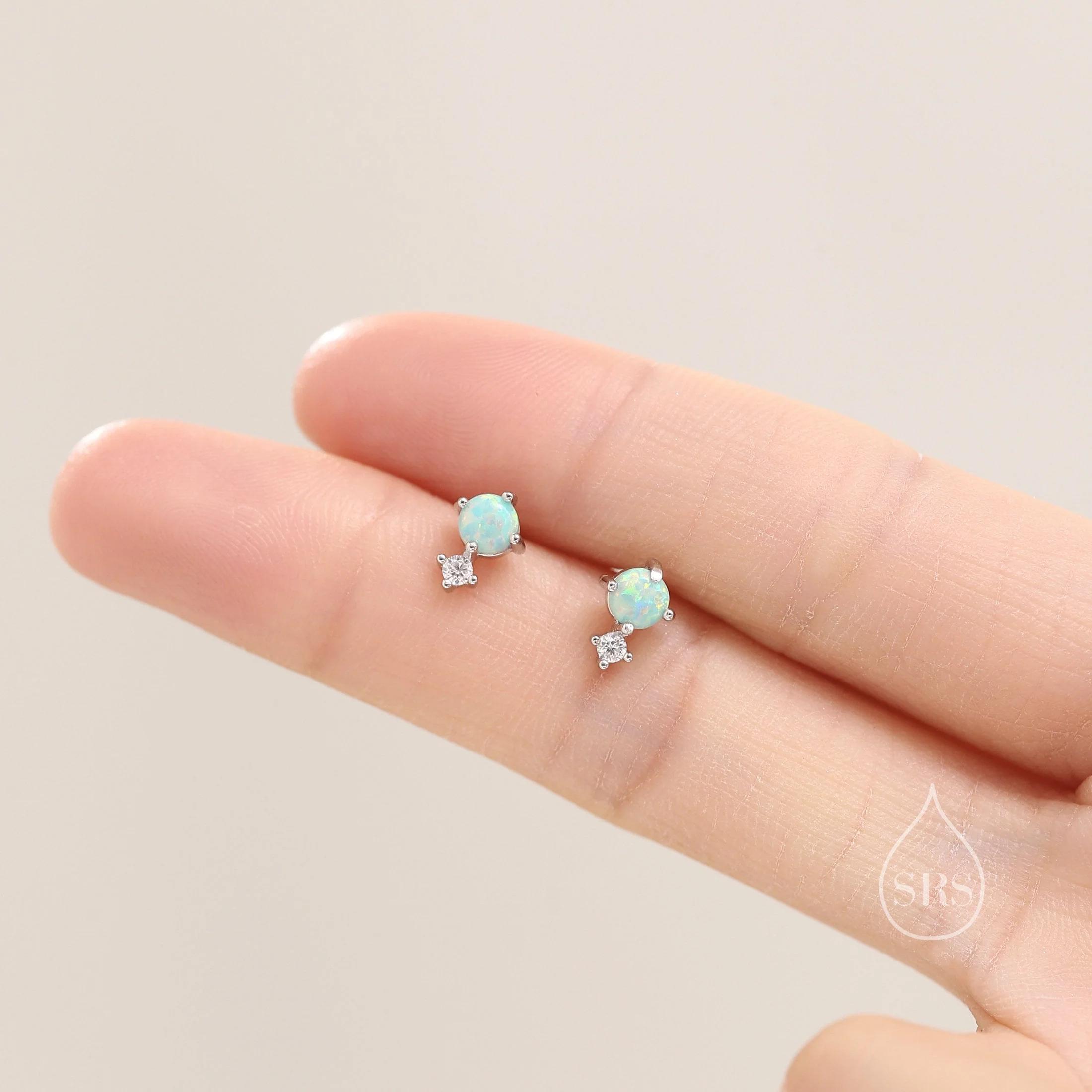 Sterling Silver Tiny Aqua Green Opal and CZ Stud Earrings, Tiny Opal Earrings, Fire Opal, Lab Opal Stud - Image 2