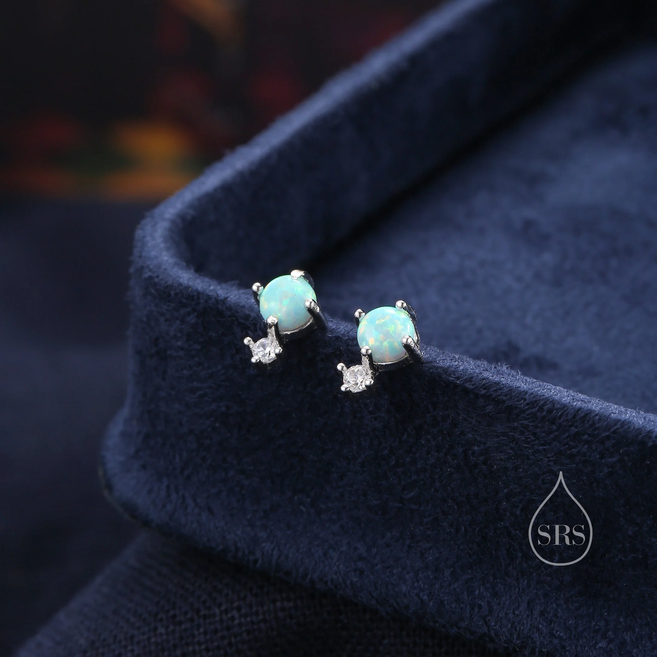 Sterling Silver Tiny Aqua Green Opal and CZ Stud Earrings, Tiny Opal Earrings, Fire Opal, Lab Opal Stud - Image 3