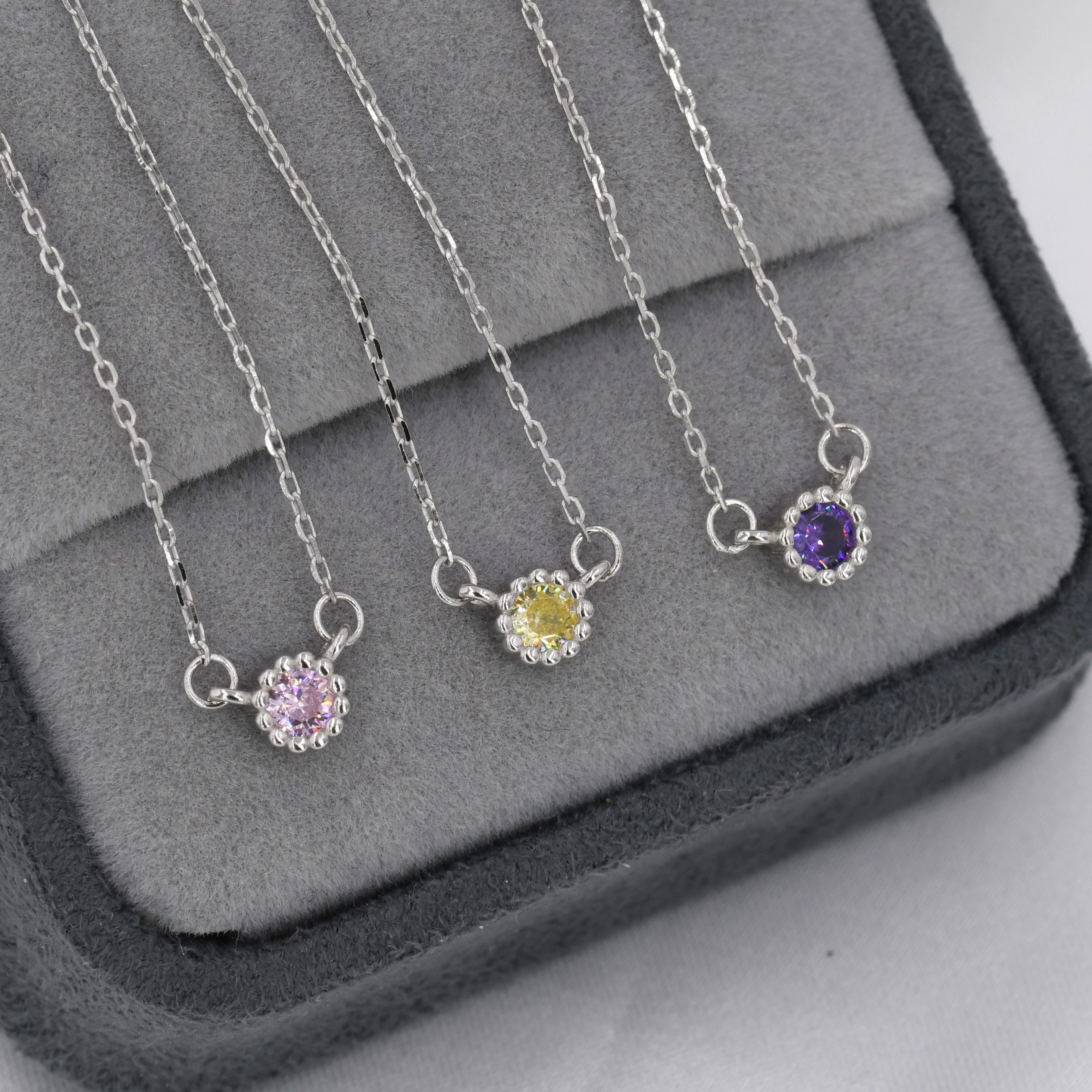 Sterling Silver Tiny Birthstone Necklace with CZ Crystals, Silver, Gold or Rose Gold, 3mm Extra Tiny CZ Necklace - Image 4